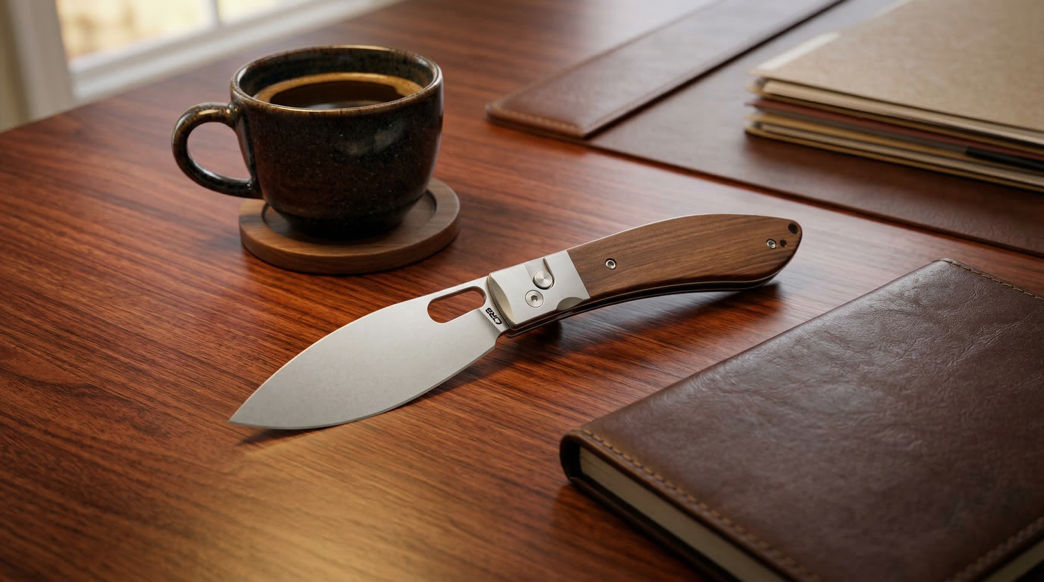 CJRB Sasaya Wood Handle Gentleman Pocket Knife on Office Desk
