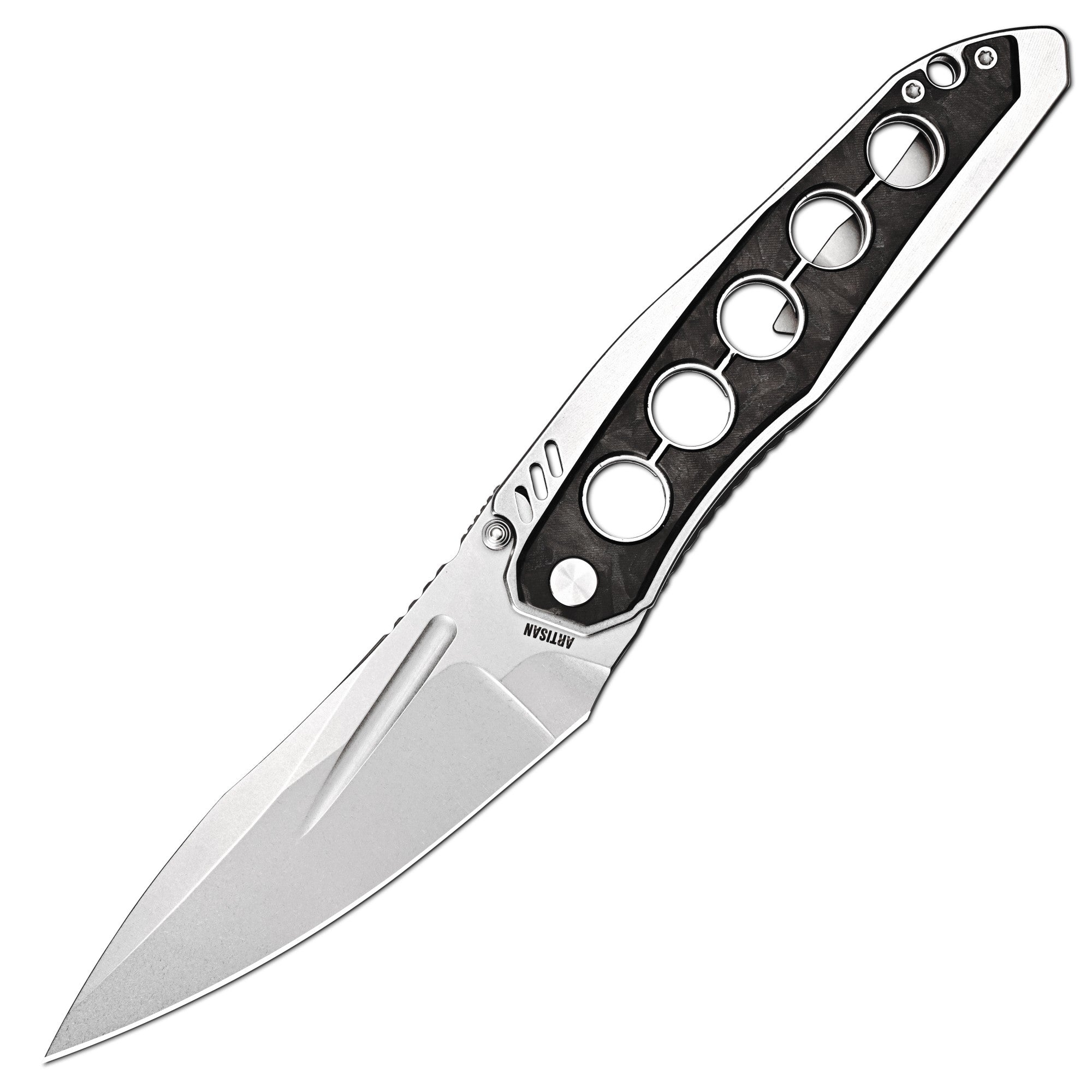 ArtisanCutlery Sudden Thumb Stud & Liner Lock Folding Knife Black Carbon Fiber Inlay & Steel Handle (4.17'' Stone Wash CPM S35VN Blade) 1890G-CF