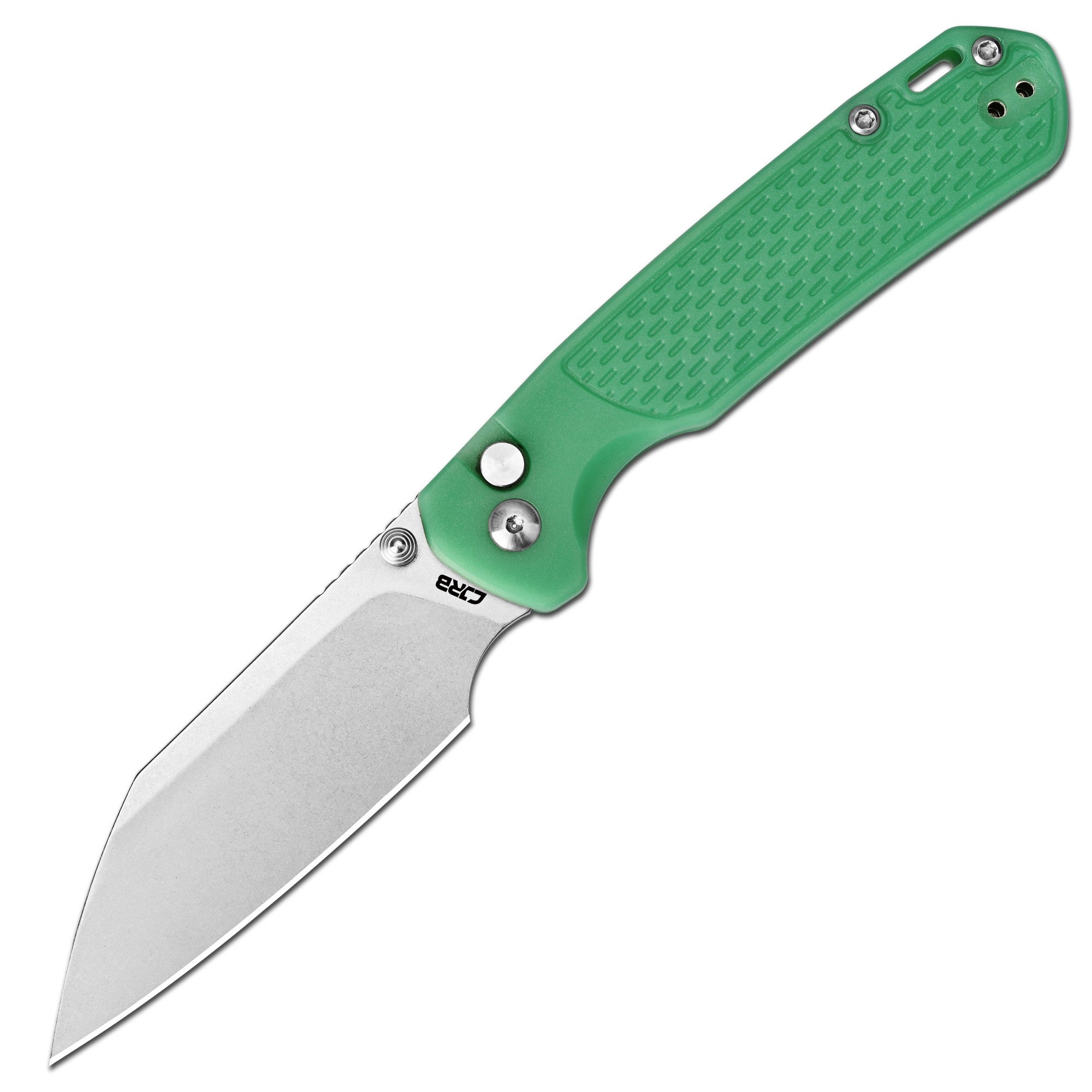 CJRB Pyrite-Light Thumb Stud & Button Lock EDC Knife, Thermochromic FRN Handle (Dark Green to Light Green), 3.34'' AR-RPM9 Stonewashed Blade, J1945-DLG
