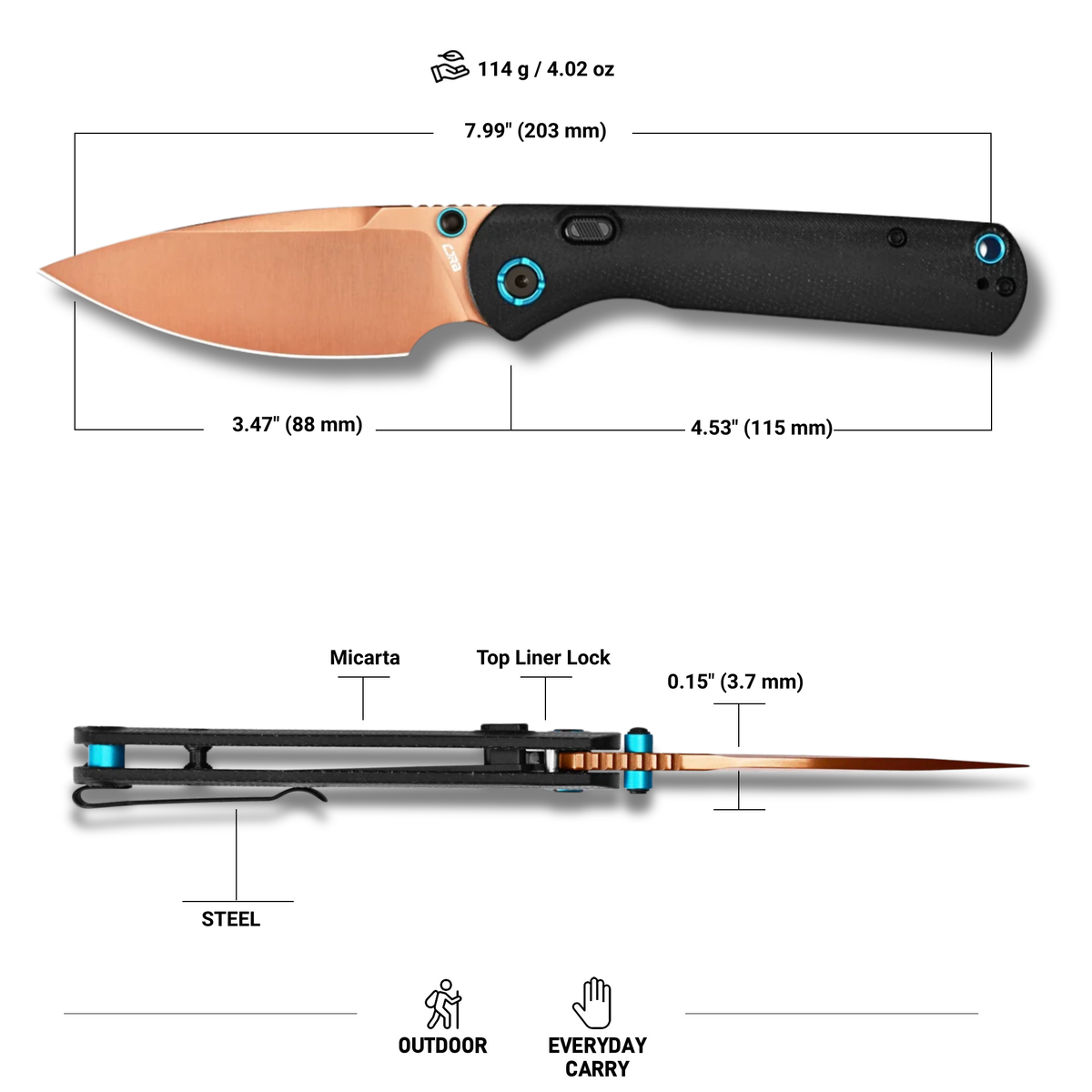 CJRB Latitude Thumb Stud & Top Liner Lock Folding Knife Black Micarta Handle (3.47'' Rose Gold AR-RPM9 Steel Blade) J1975-RBK (Exclusive)