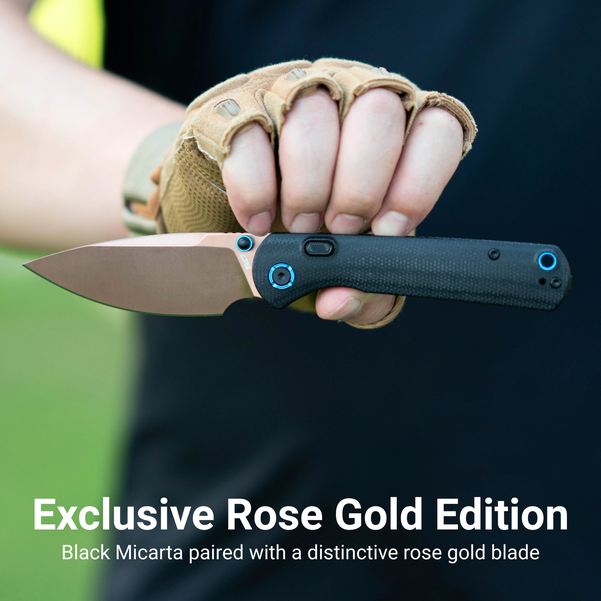 CJRB Latitude Thumb Stud & Top Liner Lock Folding Knife Black Micarta Handle (3.47'' Rose Gold AR-RPM9 Steel Blade) J1975-RBK (Exclusive)
