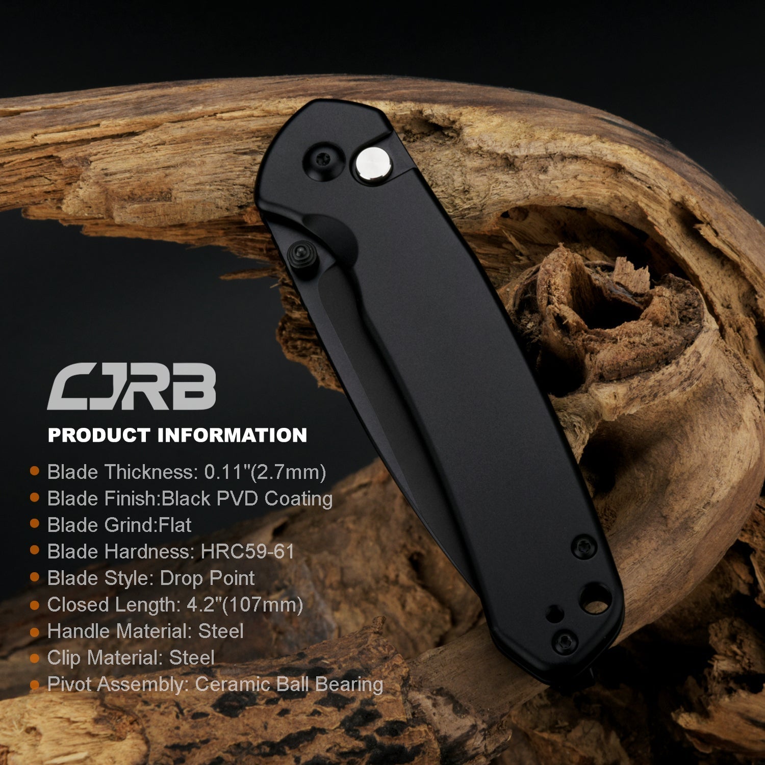 CJRB Pyrite J1925-BST folding knife with black steel handle
