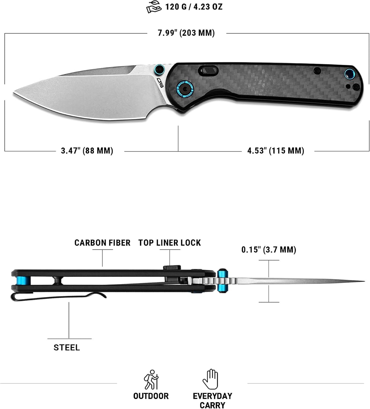 CJRB Latitude Thumb Stud & Top Liner Lock Folding Knife Carbon Fiber Handle (3.47'' Stone Wash CPM S35VN Blade) J1975-CF (Exclusive)