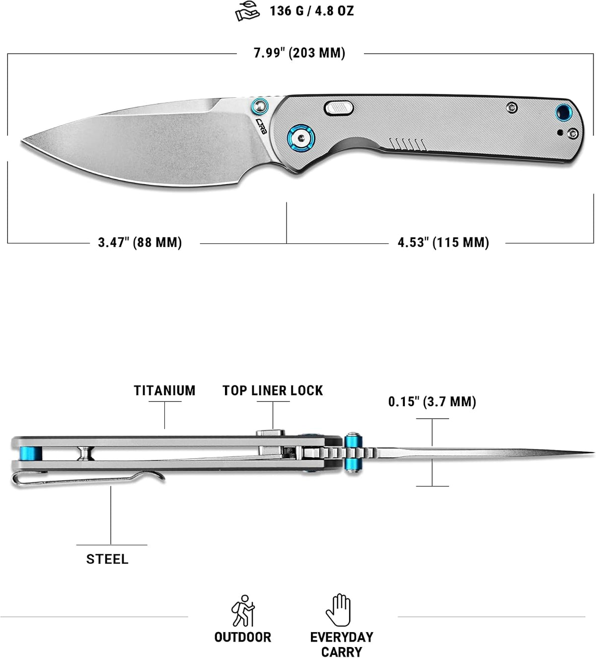 CJRB Latitude Thumb Stud & Top Liner Lock Folding Knife Titanium Handle (3.47'' Stone Wash 154CM Blade) J1975G-GY (Exclusive)