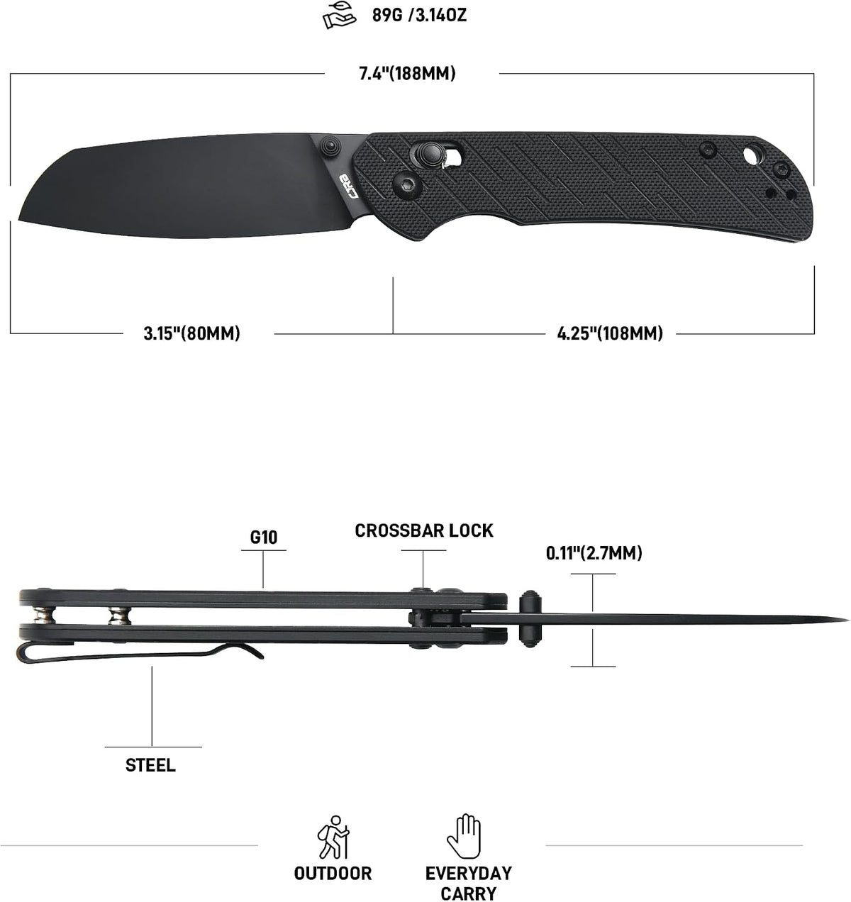 CJRB Lyrid Front Flipper & Crossbar Lock Folding Knife Black G10 Handle (3.15'' AR-RPM9 Steel Black PVD Coating Blade) J1953-BBK