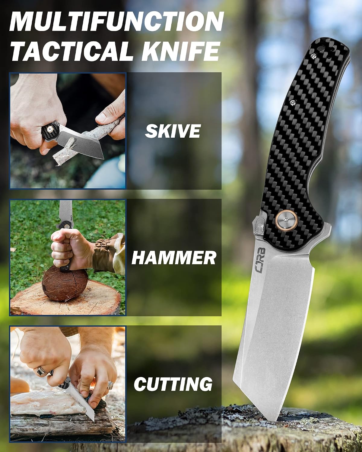 CJRB Crag Thumb Stud & Recoil Lock Folding Knife Carbon Fiber Handle (3.43'' Stone Wash AR-RPM9 Steel Blade) J1904R-CF