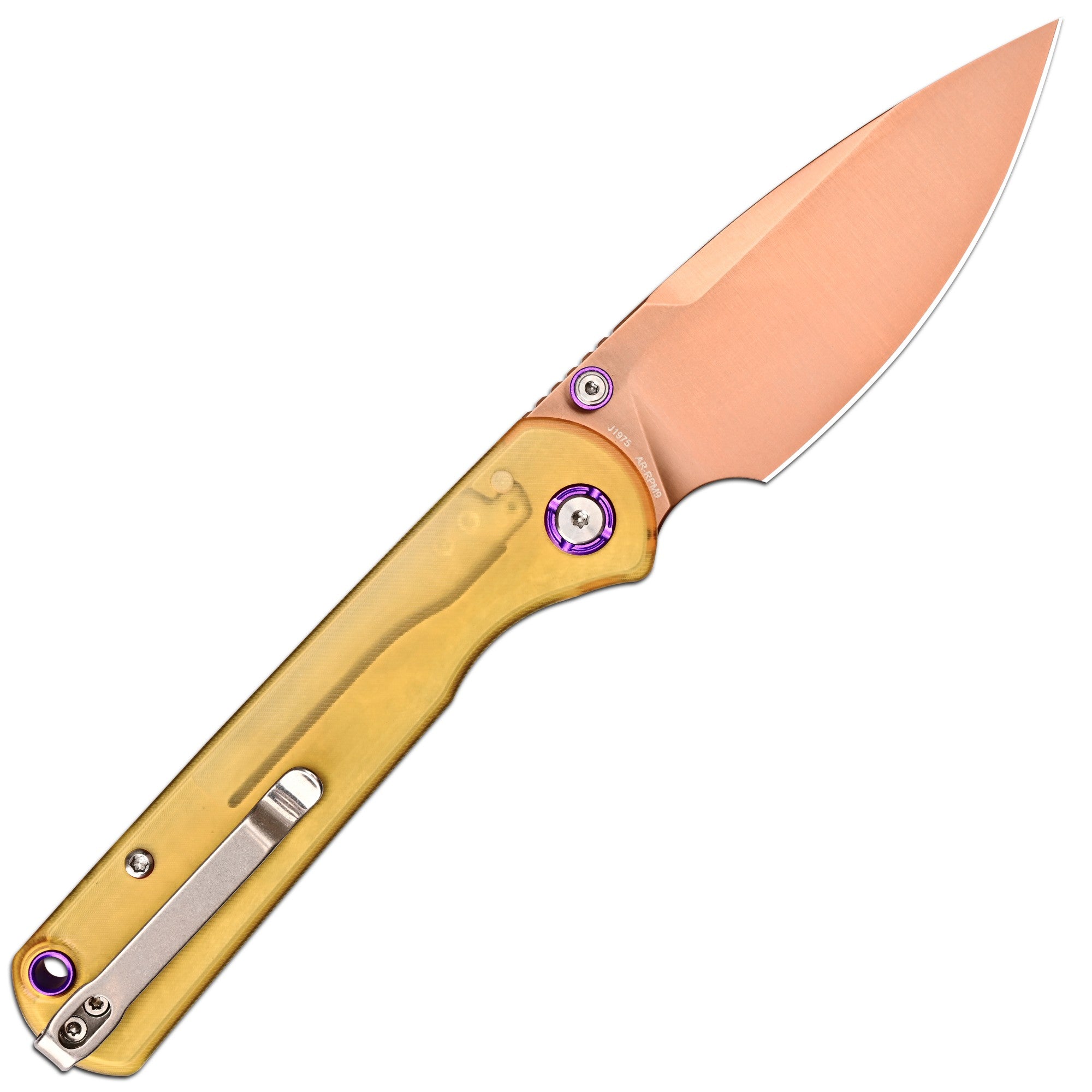 CJRB Latitude Thumb Stud & Top Liner Lock Folding Knife Ultem Handle (3.47'' Rose Gold AR-RPM9 Steel Blade) J1975-AMB (Exclusive)