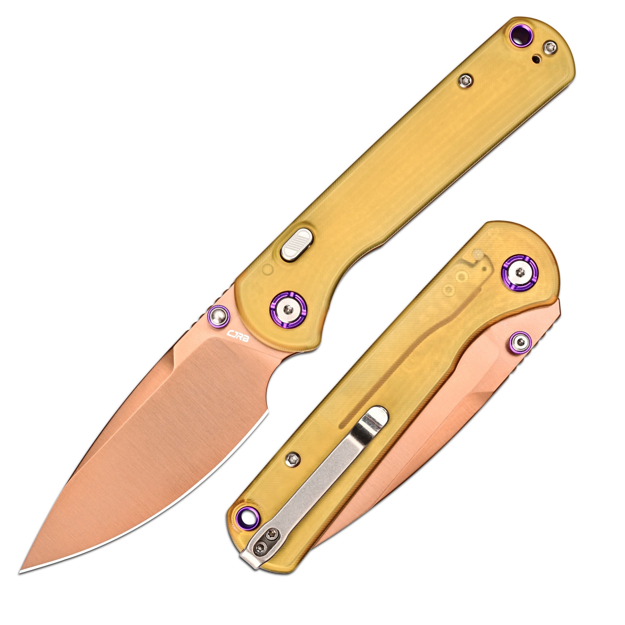 CJRB Latitude Thumb Stud & Top Liner Lock Folding Knife Ultem Handle (3.47'' Rose Gold AR-RPM9 Steel Blade) J1975-AMB (Exclusive)