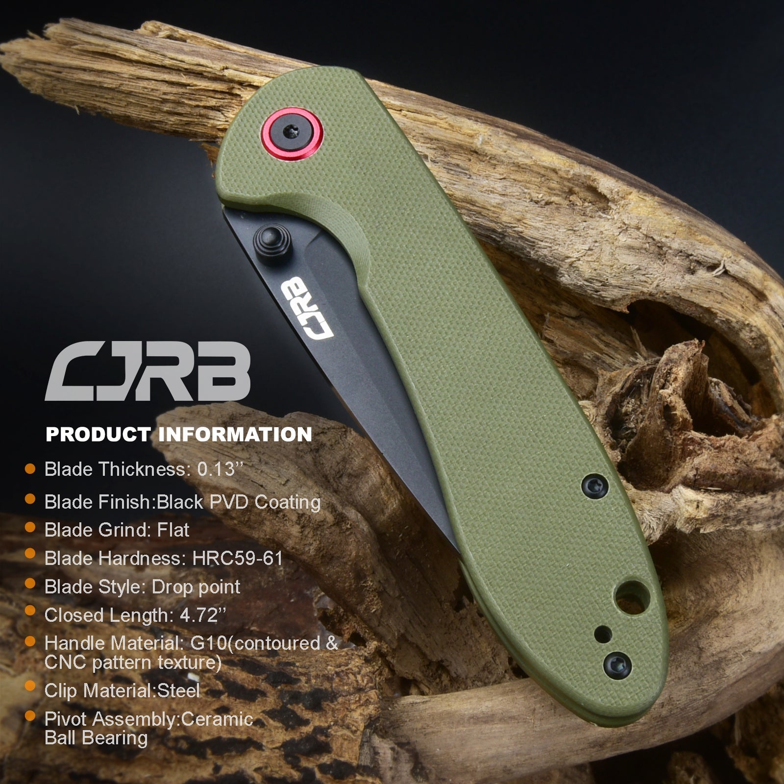 CJRB Feldspar J1912-BGN folding knife with black G10 handle