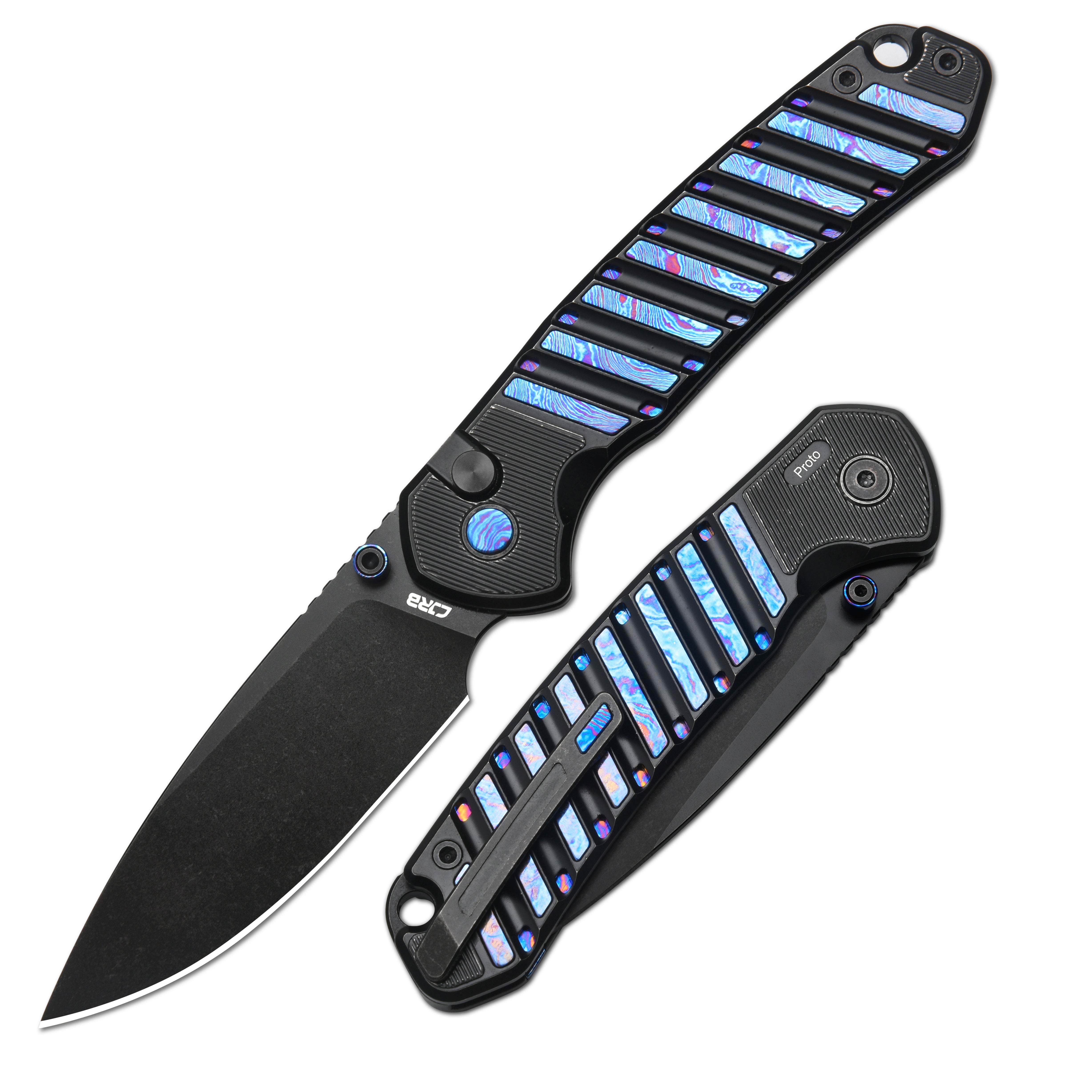 CJRB Galactic Pyrite J1925G-BTDB folding knife with black titanium Damascus handle