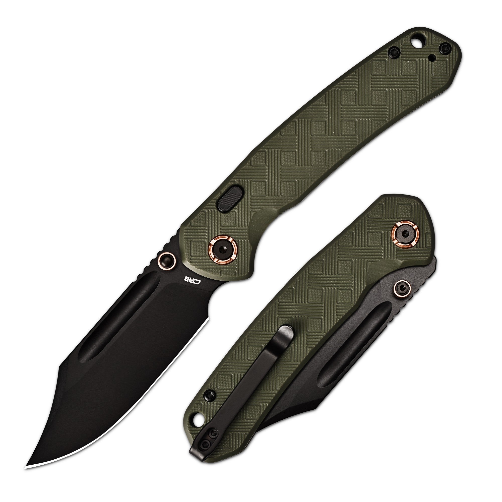 CJRB Bowie Pyrite Thumb Stud & Top Liner Lock Folding Knife Green CNC G10 Textured Handle (3.35'' AR-RPM9 Steel Black PVD Coating Blade) J1942X-BGN