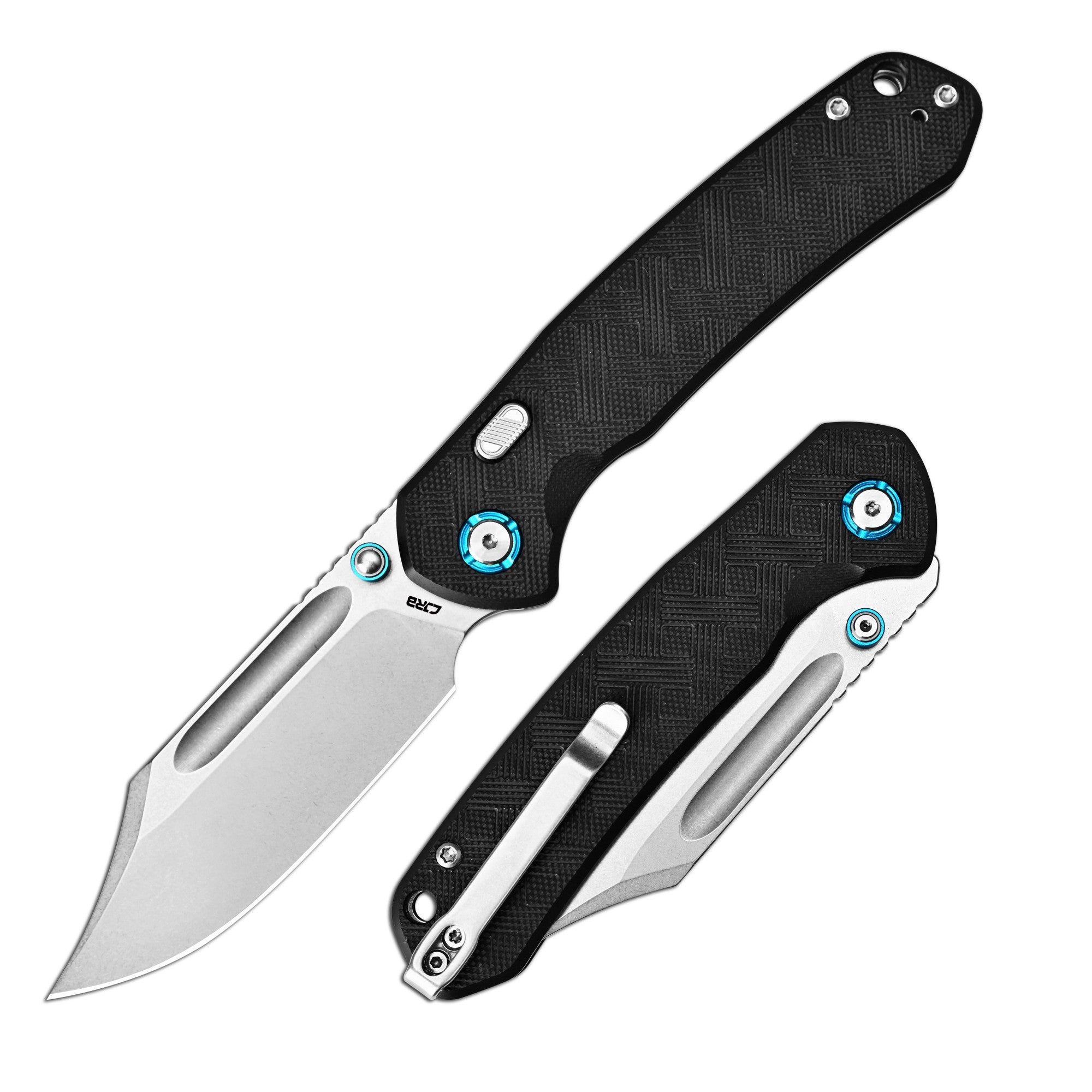 CJRB Bowie Pyrite Thumb Stud & Top Liner Lock Folding Knife Black CNC G10 Textured Handle (3.35'' AR-RPM9 Steel Stone Wash Blade) J1942X-BK