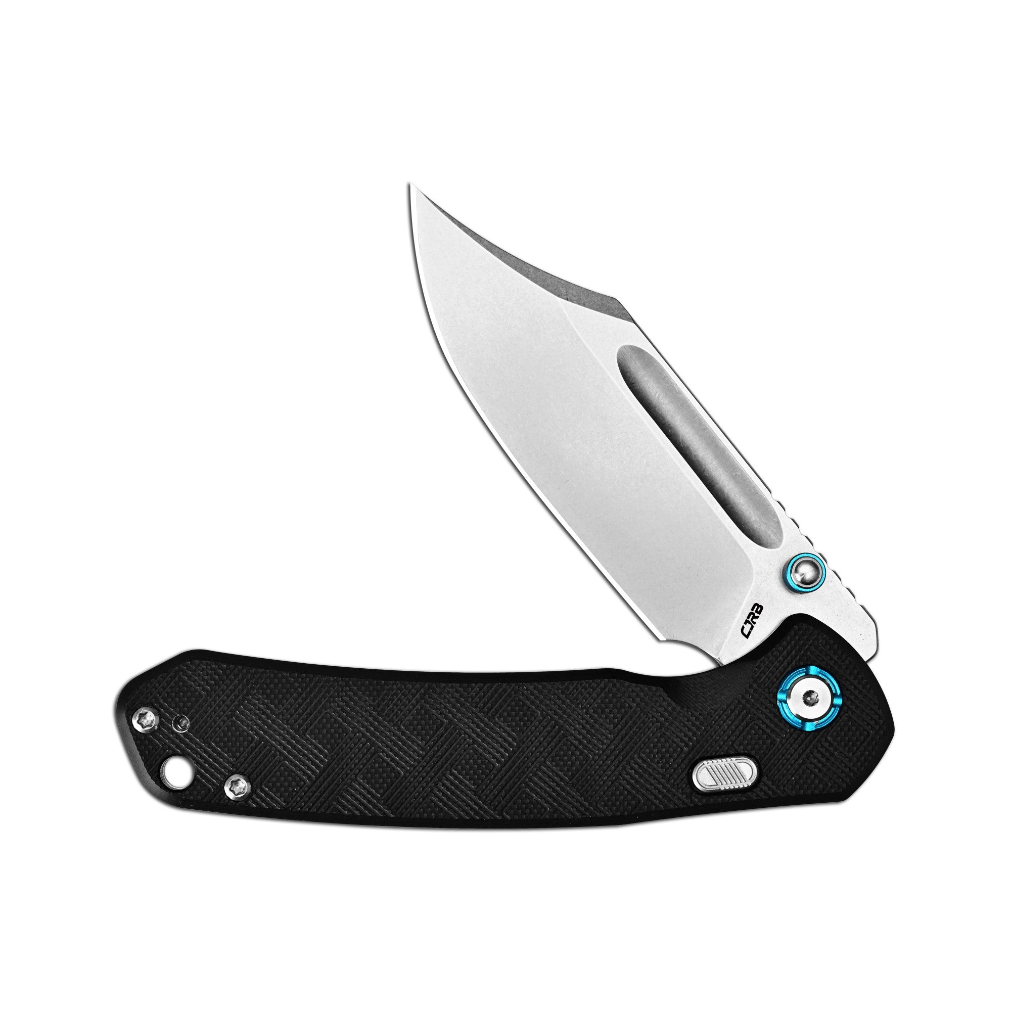 CJRB Bowie Pyrite Thumb Stud & Top Liner Lock Folding Knife Black CNC G10 Textured Handle (3.35'' AR-RPM9 Steel Stone Wash Blade) J1942X-BK