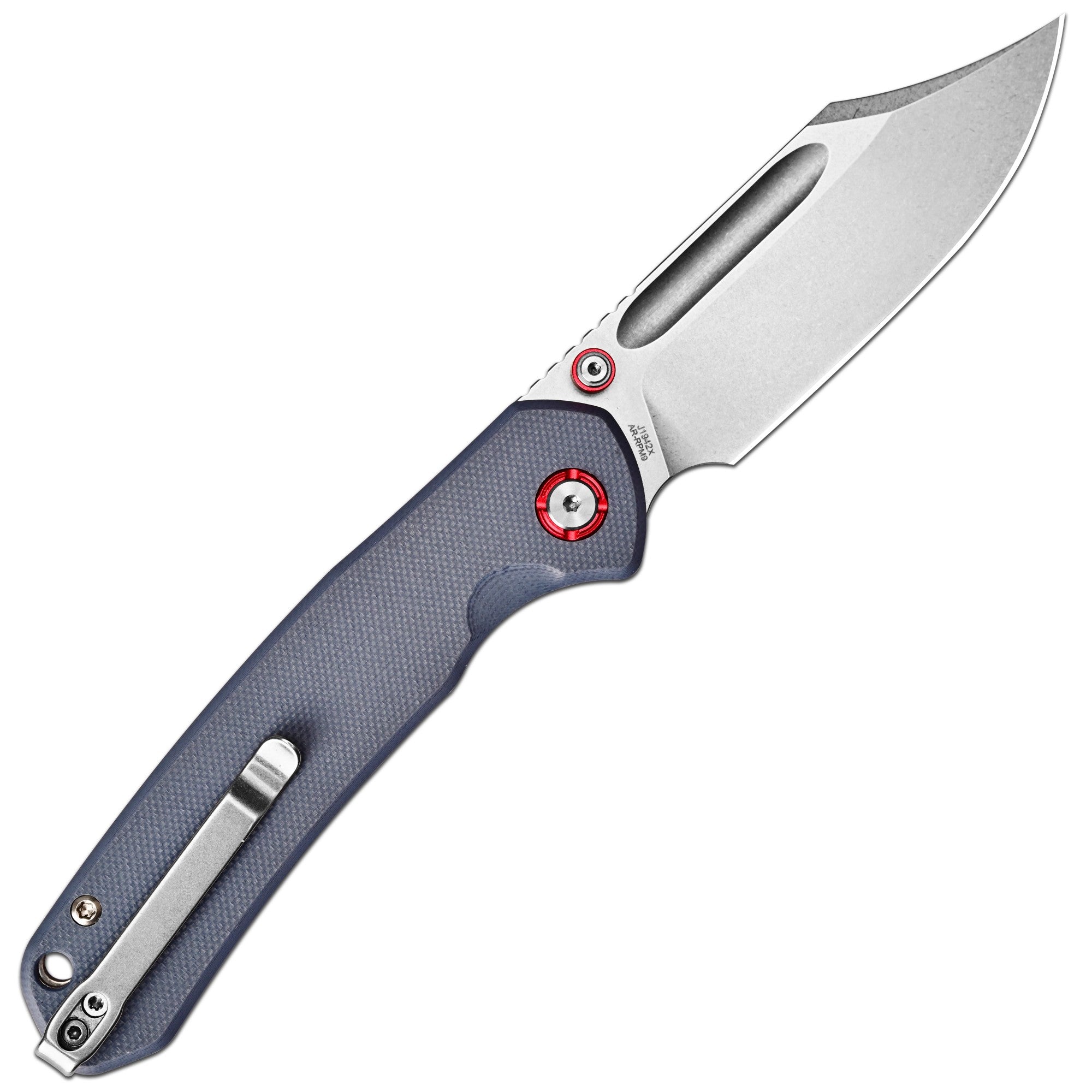 CJRB Bowie Pyrite Thumb Stud & Top Liner Lock Folding Knife Gray G10 Handle (3.35'' AR-RPM9 Steel Stone Wash Blade) J1942X-BU