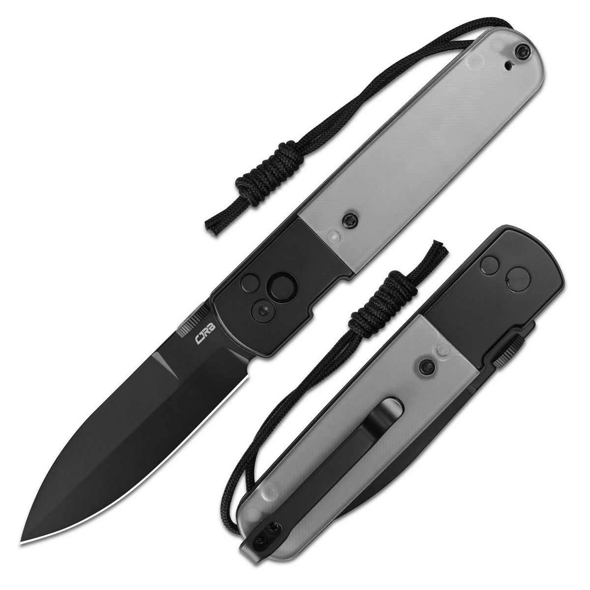 CJRB Locust Button Lock with Safety Switch Folding Knife Clear PC Inlay & Black PVD Steel Handle (3.15'' AR-RPM9 Steel Black PVD Coating Blade) J1951-BWPC (Exclusive)