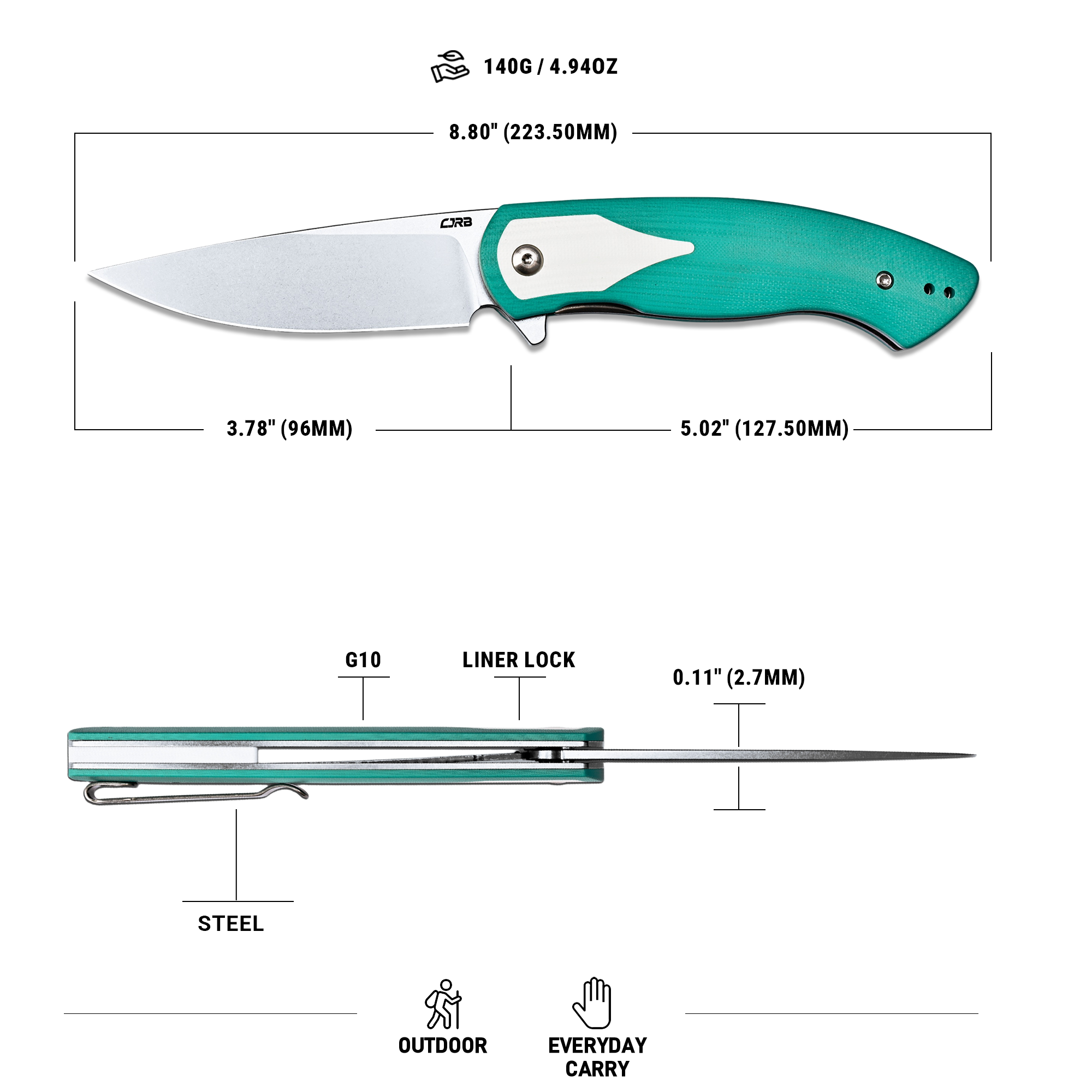 CJRB Rodayo Flipper & Liner Lock Folding Knife Green G10 Handle (3.78'' Stone Wash AR-RPM9 Steel Blade) J1972-GWH