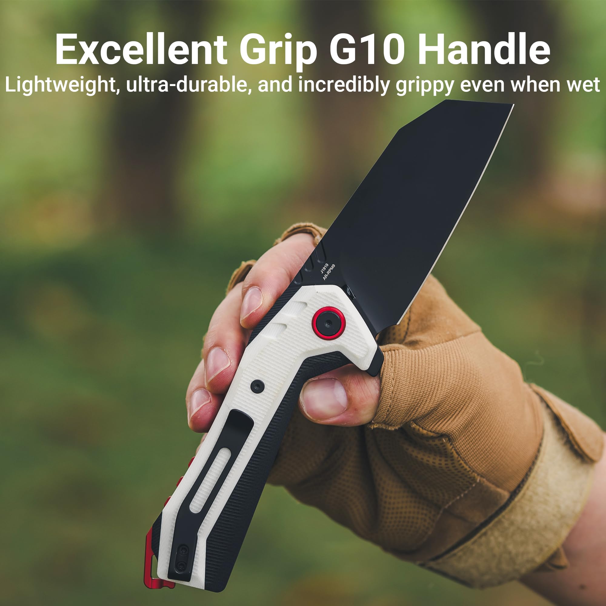 CJRB Tigris Flipper & Button Lock Folding Knife White G10 Handle (3.35'' Black PVD Coating AR-RPM9 Steel Blade) J1919-BWH