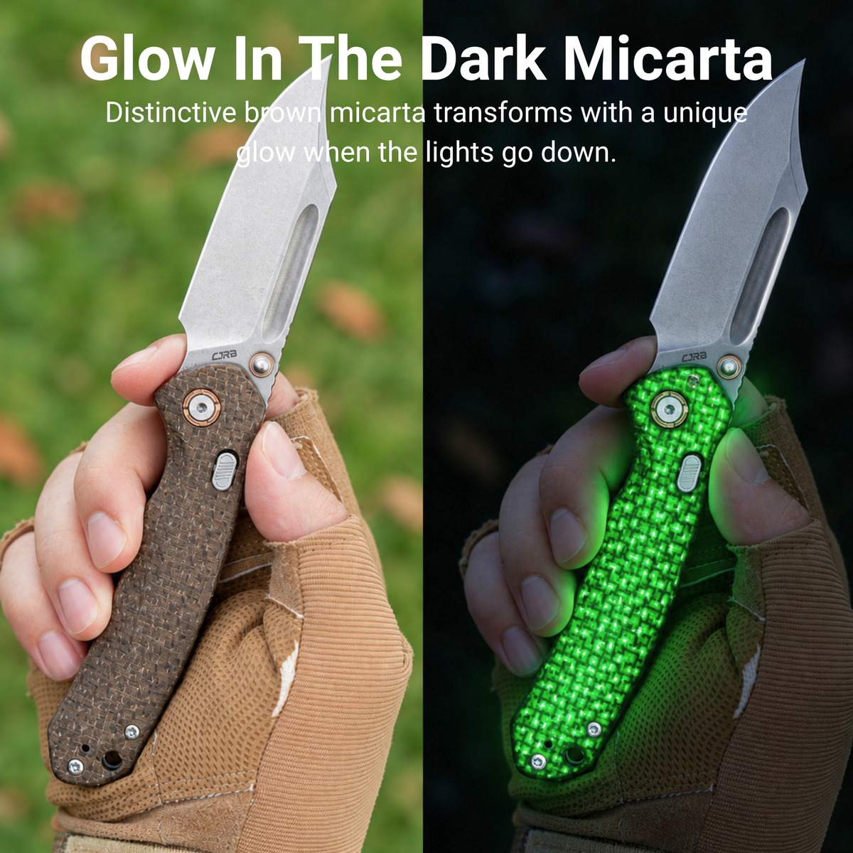 CJRB Bowie Pyrite Thumb Stud & Top Liner Lock Folding Knife Brown Glow in the Dark Micarta Handle (3.35'' Stone Wash 14C28N Steel Blade) J1942X-GDBN (Exclusive)