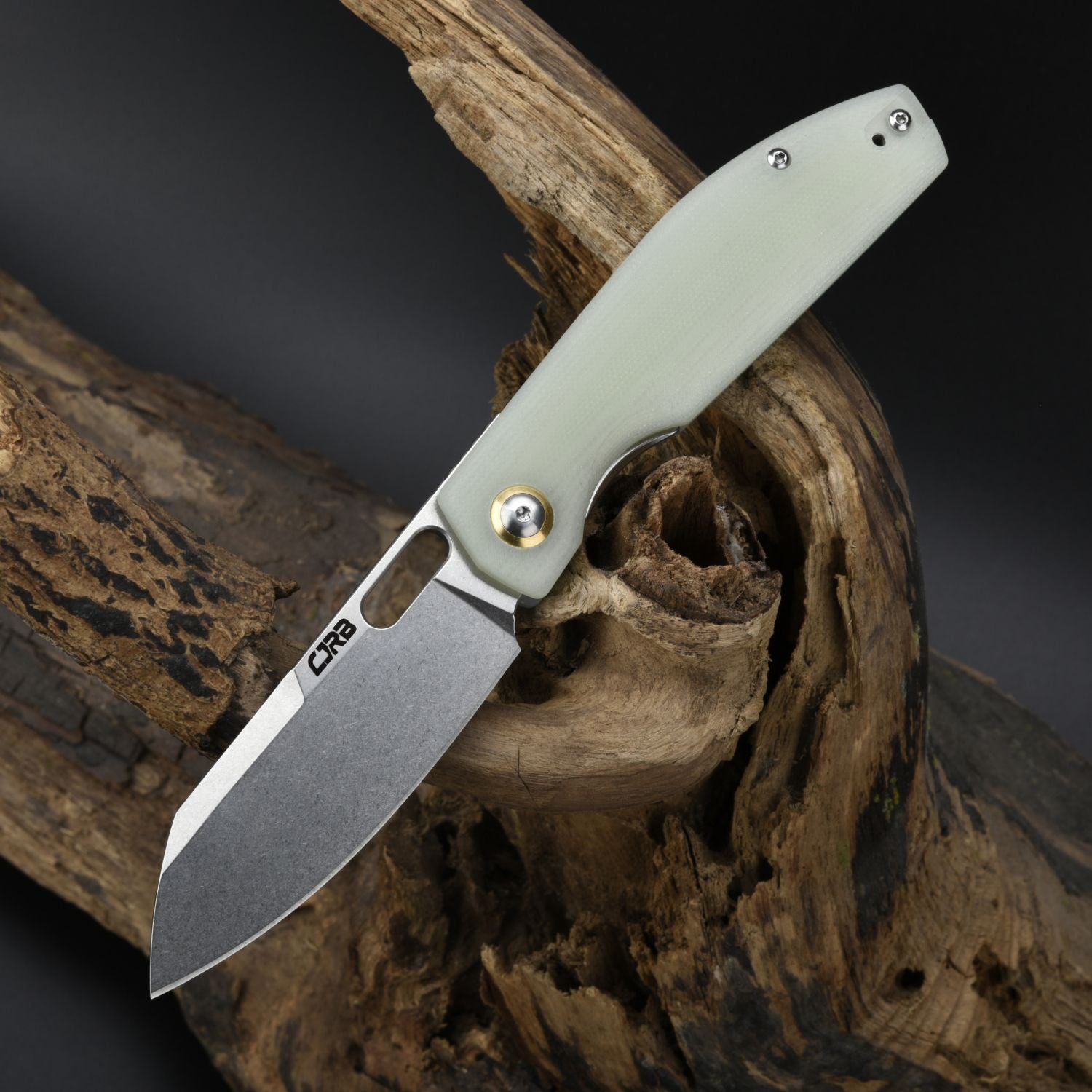 CJRB Ekko J1929 folding knife shown open with green G10 handle
