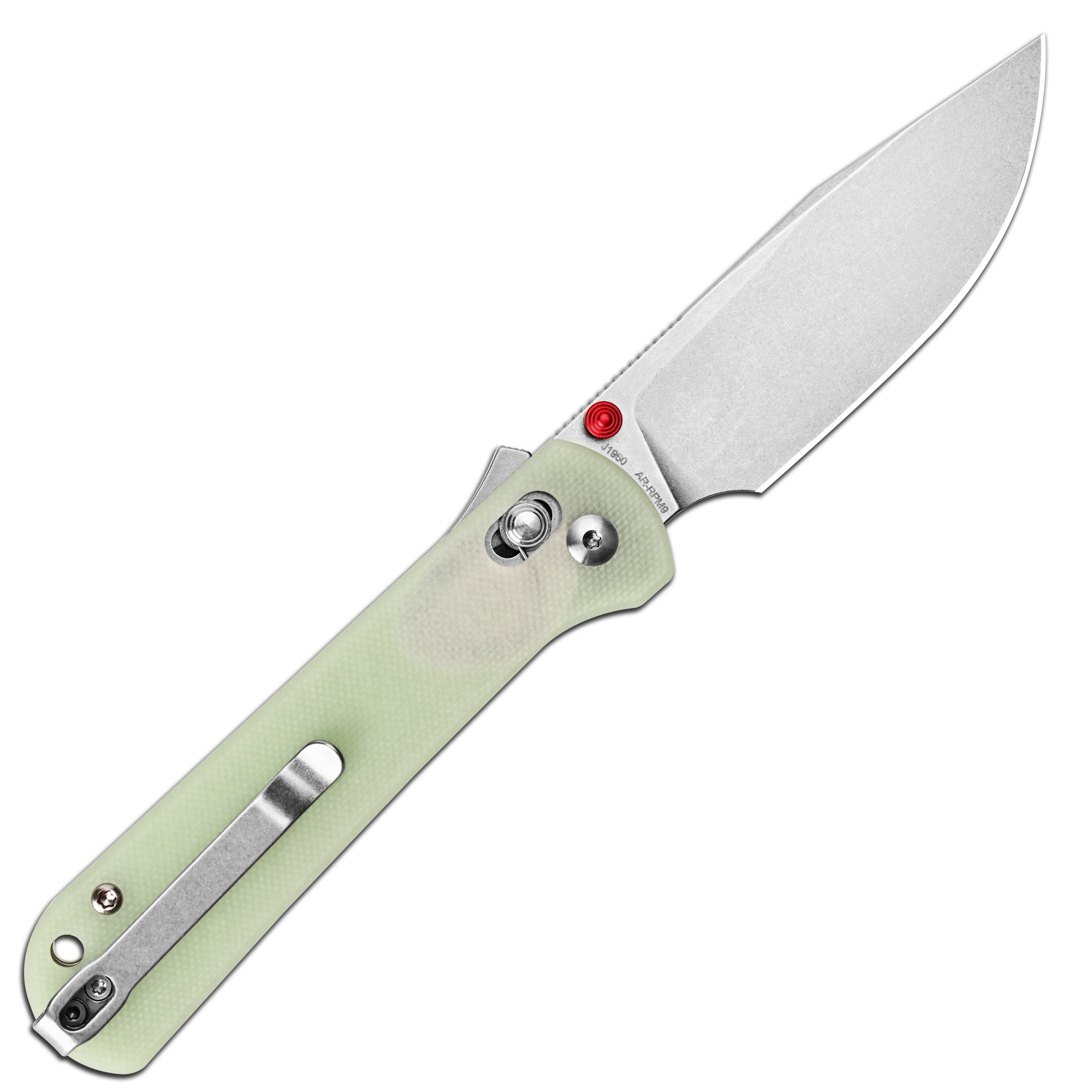 CJRB Bolt Thumb Stud & Recoil Lock V2 Folding Knife Glow in the Dark G10 Handle (3.25'' Stone Wash AR-RPM9 Steel Blade) J1960-GD