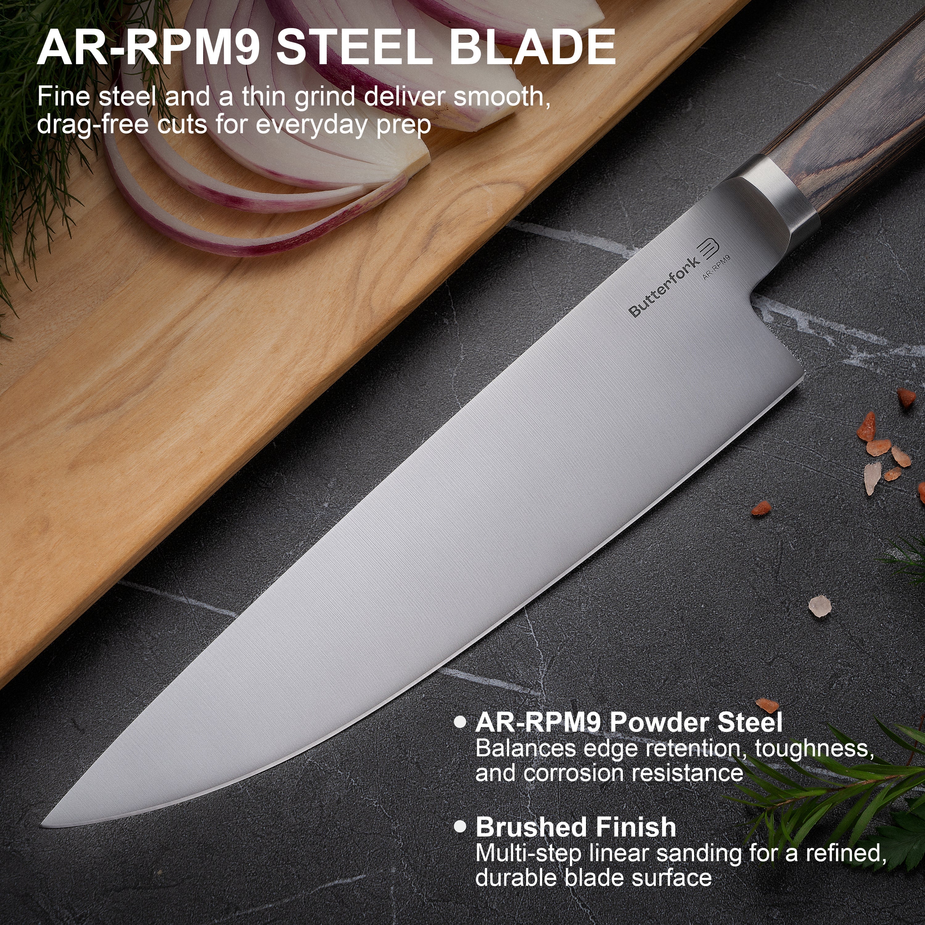 Butterfork Classic 8" Chef's Knife, AR-RPM9 Stainless Steel, Ergonomic Pakkawood handle, Ideal for All-Around Food Preparation