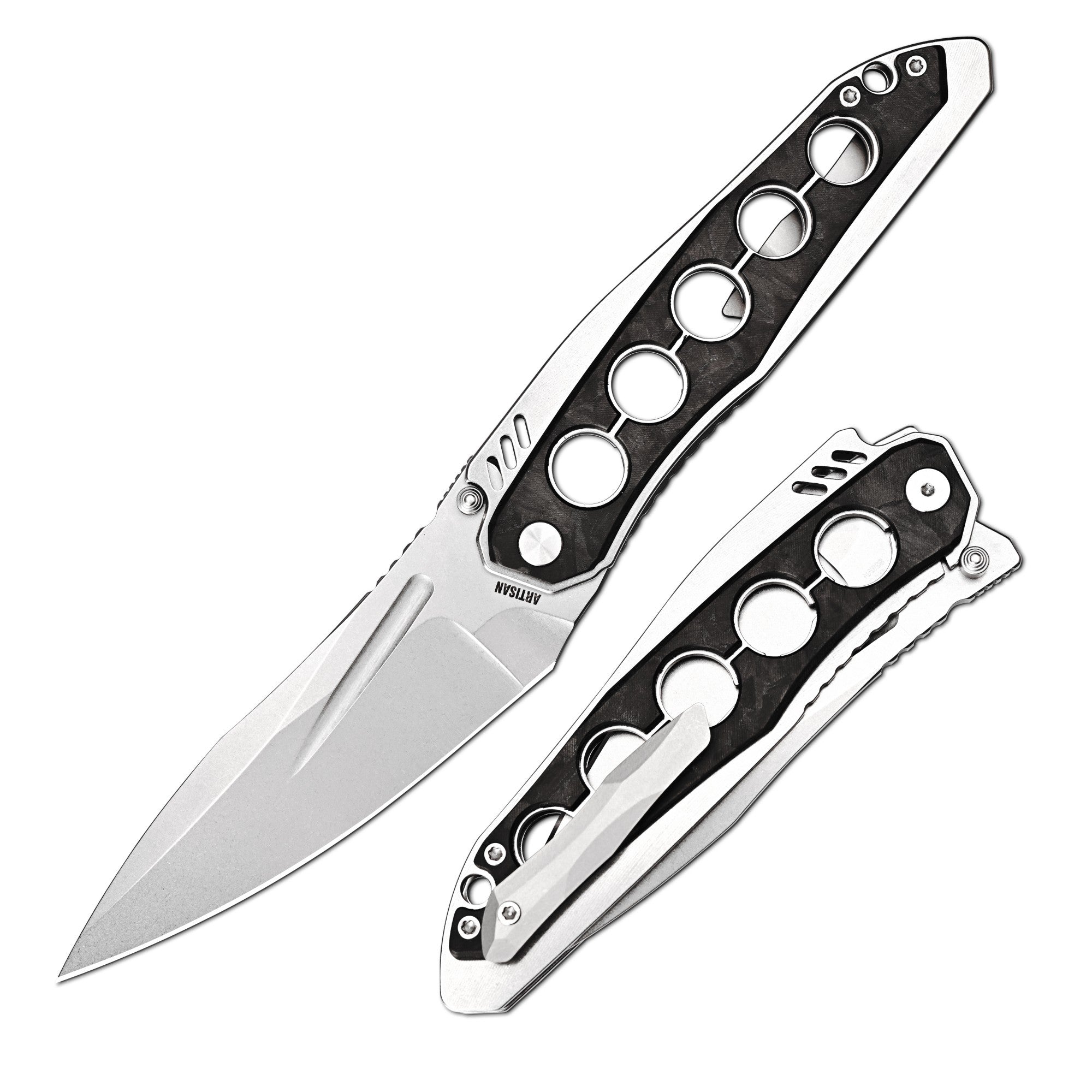 ArtisanCutlery Sudden Thumb Stud & Liner Lock Folding Knife Black Carbon Fiber Inlay & Steel Handle (4.17'' Stone Wash CPM S35VN Blade) 1890G-CF