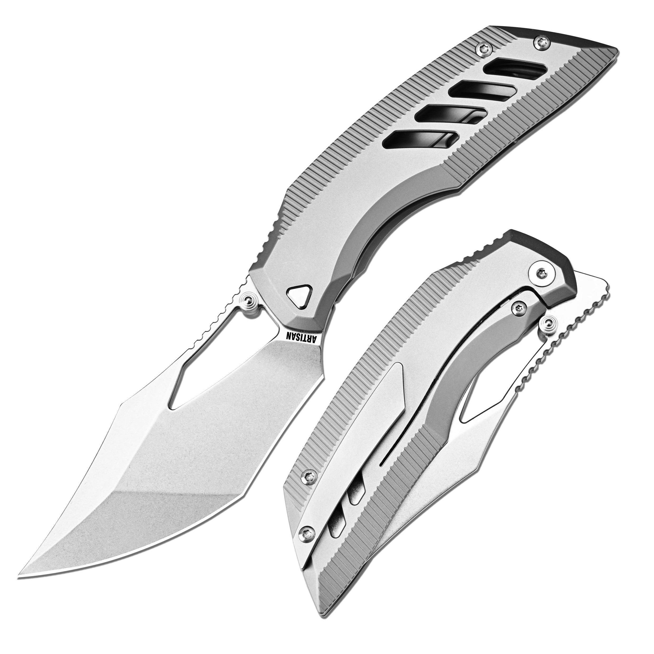 Artisan Cutlery Dark Wing Thumb Hole & Front Flipper Frame Lock EDC Knife Titanium Handle(3.63'' S35VN Stone Wash Blade ) 1887G-GY