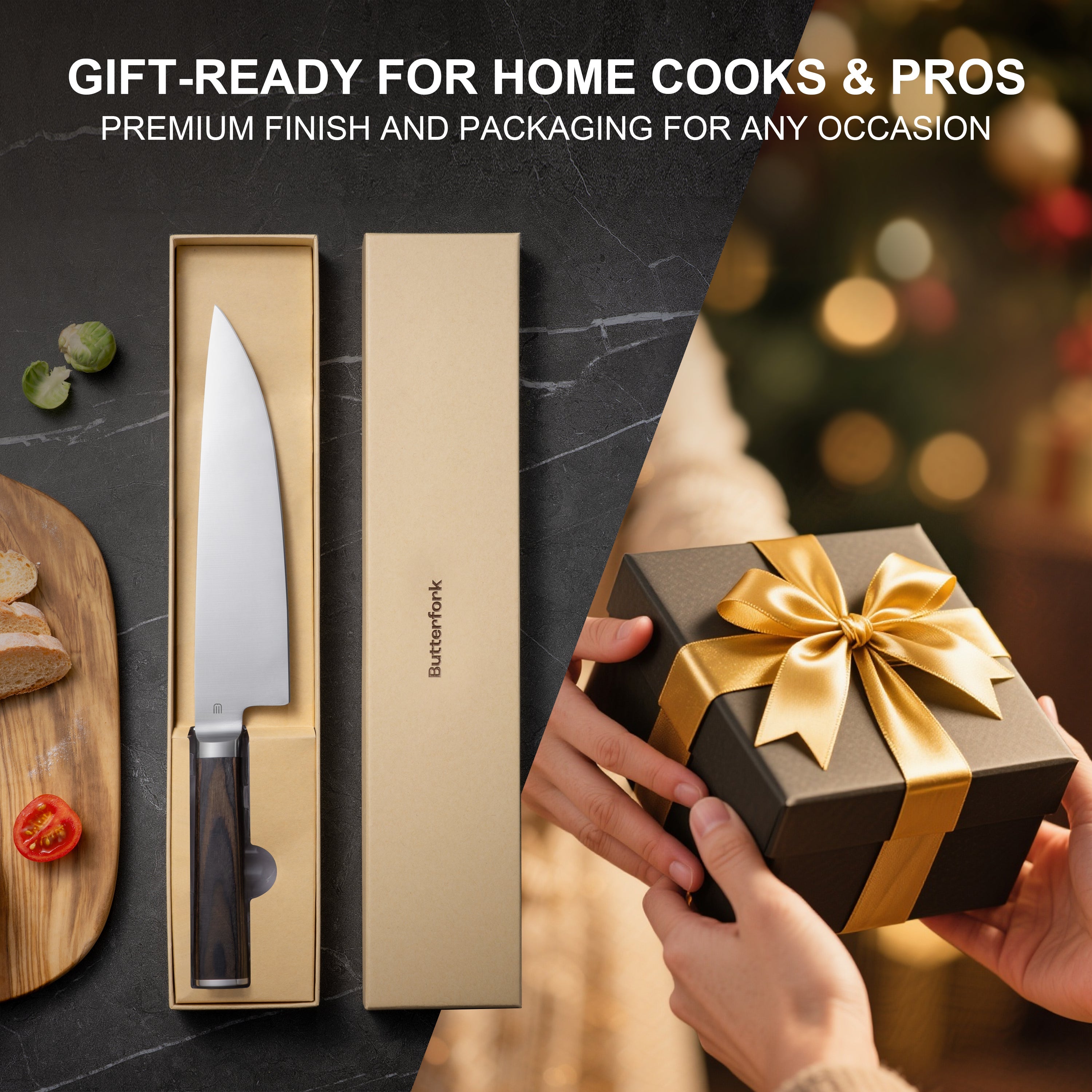 Butterfork Classic 8" Chef's Knife, AR-RPM9 Stainless Steel, Ergonomic Pakkawood handle, Ideal for All-Around Food Preparation