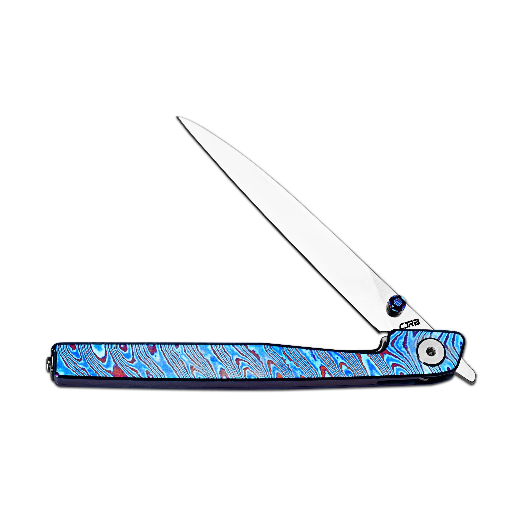 CJRB Lanky Thumb Stud & Front Flipper Liner Lock EDC Knife Titanium Damascus Handle Steel Clip(3.58'' CPM S90V Mirror Polish Blade) J1965G-TDB