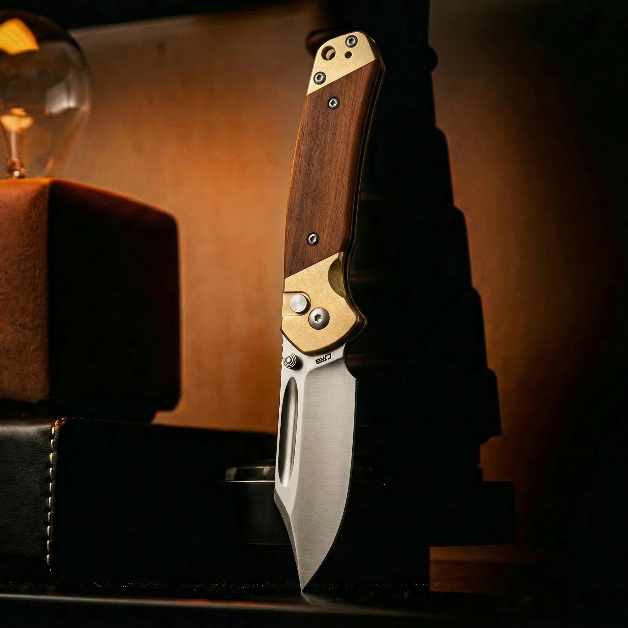 CJRB Bowie Pyrite J1942 folding knife with wood handle