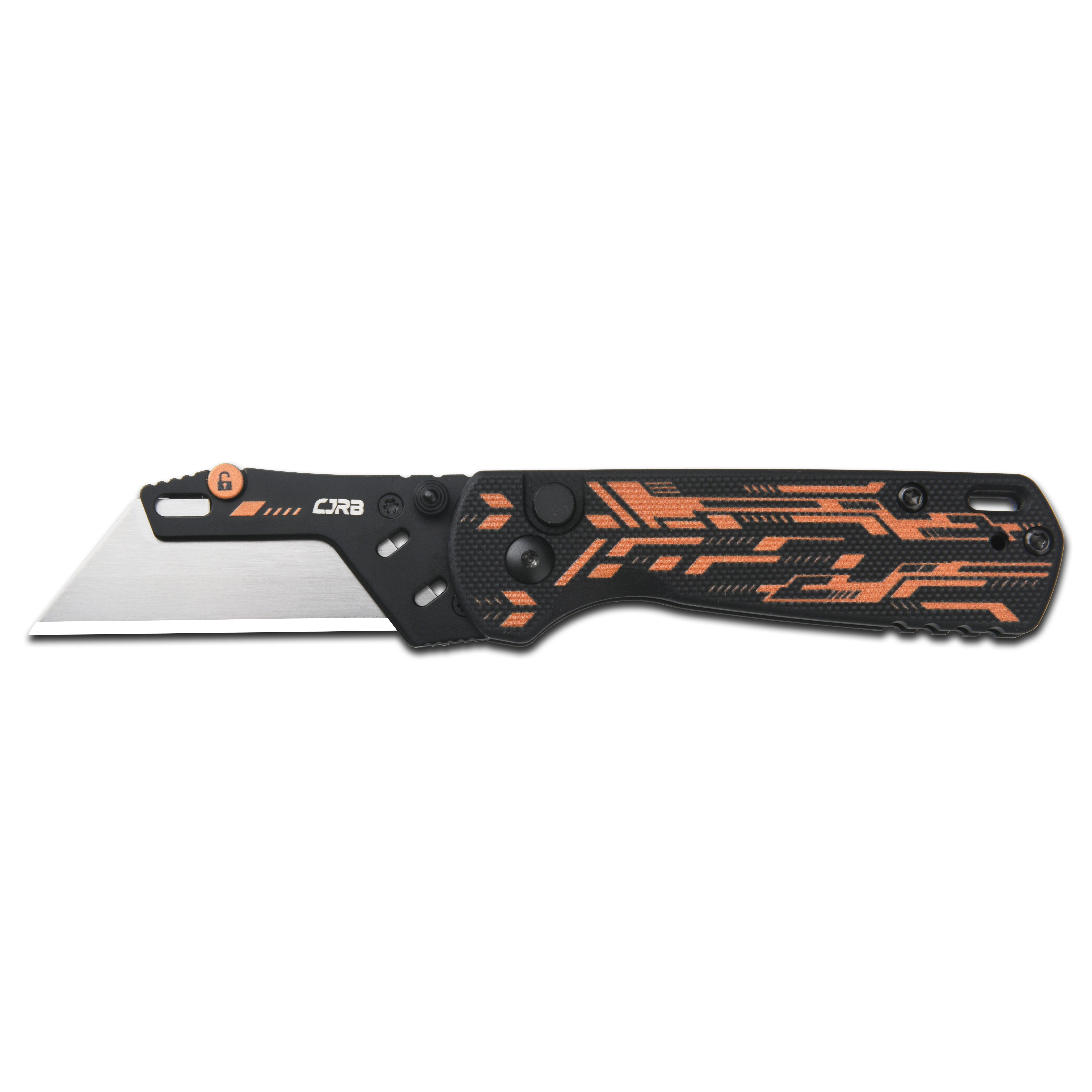 CJRB Boxer Button Lock Folding Utility Knife Black Mechanical G10 Handle (2.30'' Steel Blade, with 10 Extra Blades) J1967-BBK