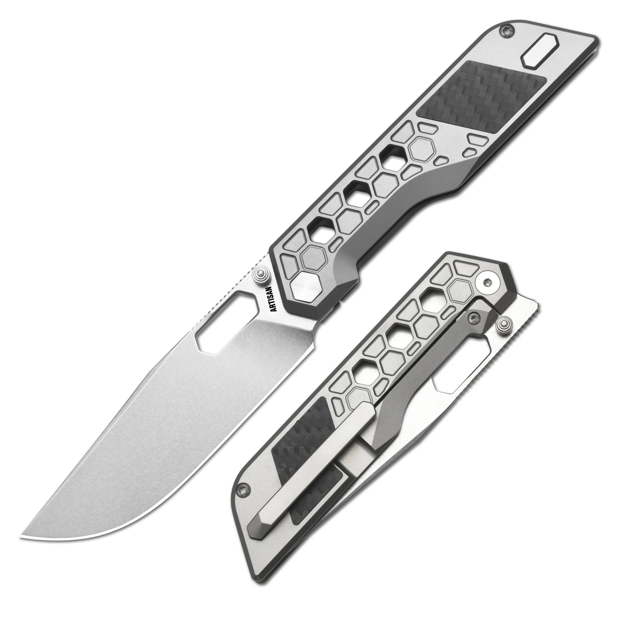 Artisan Cutlery Beest 1878G folding knife with gray titanium handle