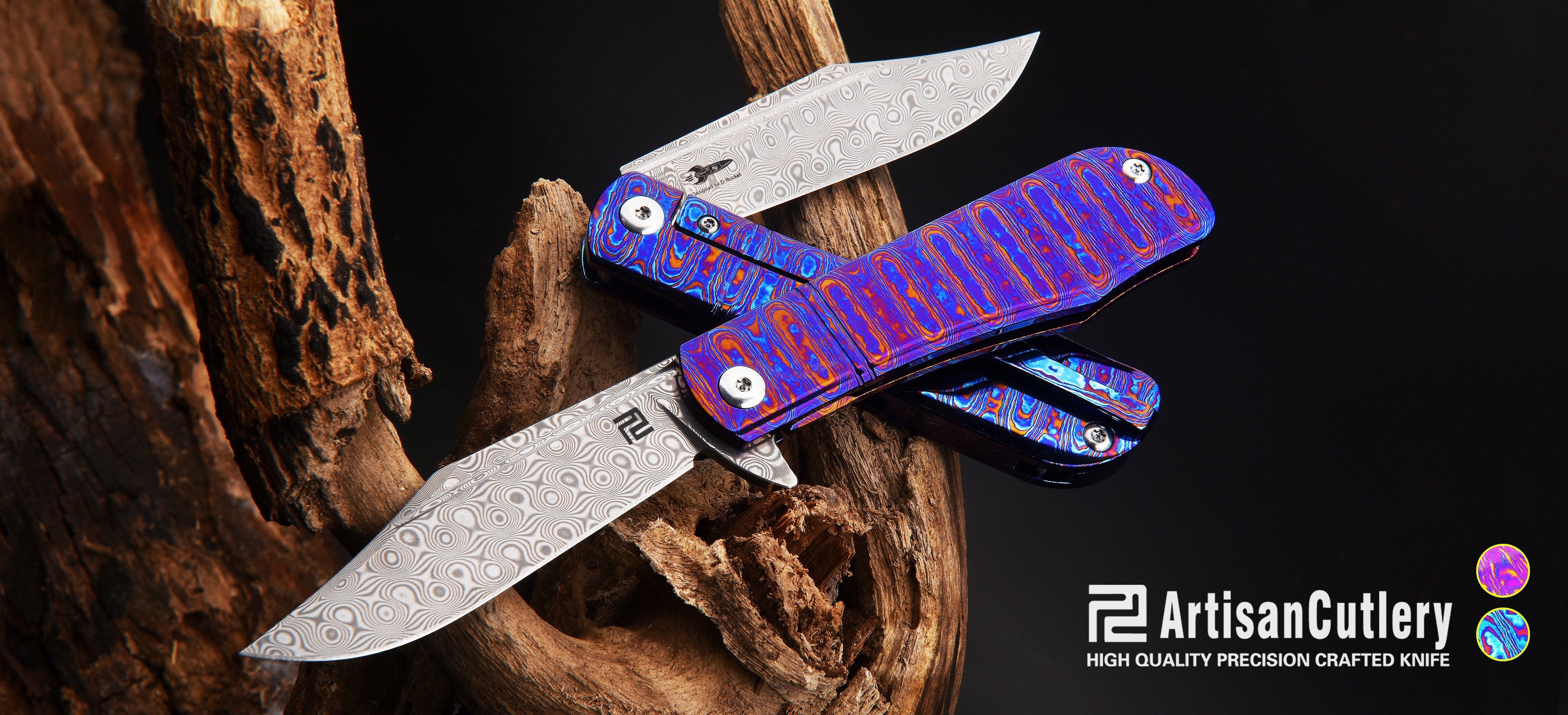 Artisan Cutlery Hyperion folding knife with titanium Damascus handle