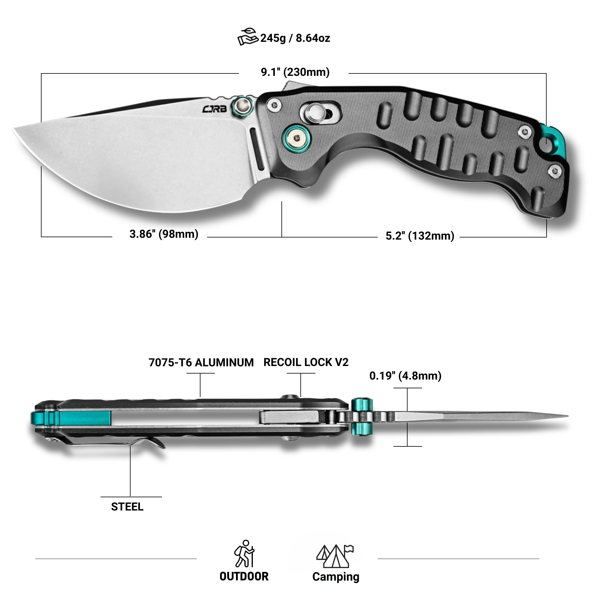 CJRB Doubletap Thumb Stud & Recoil Lock V2 Tatical Knife Gray 7075-T6 Aluminum Handle(3.86'' D2 Stone Wash Blade) J1970-GAL (Exclusive)