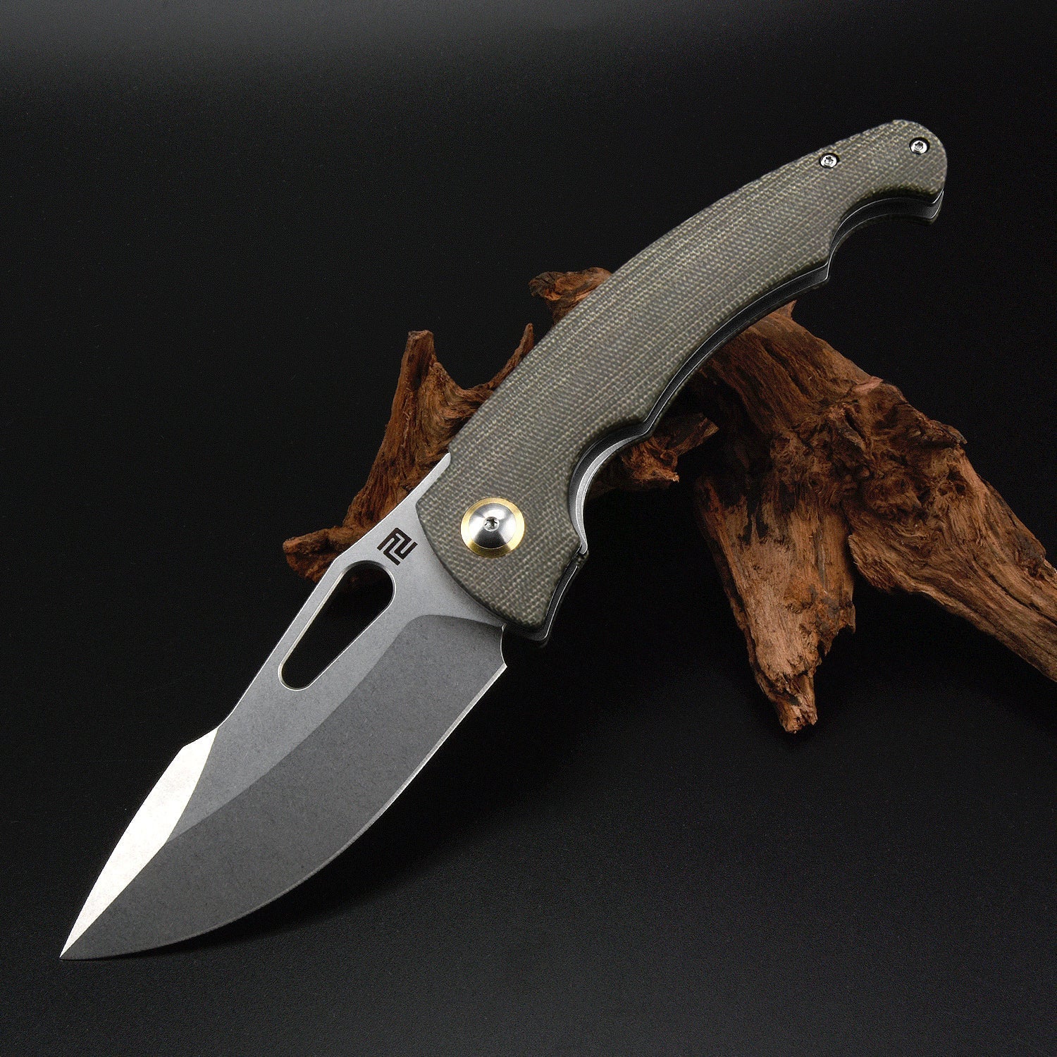 Artisan Cutlery Xcellerator 1860P folding knife with green Micarta handle