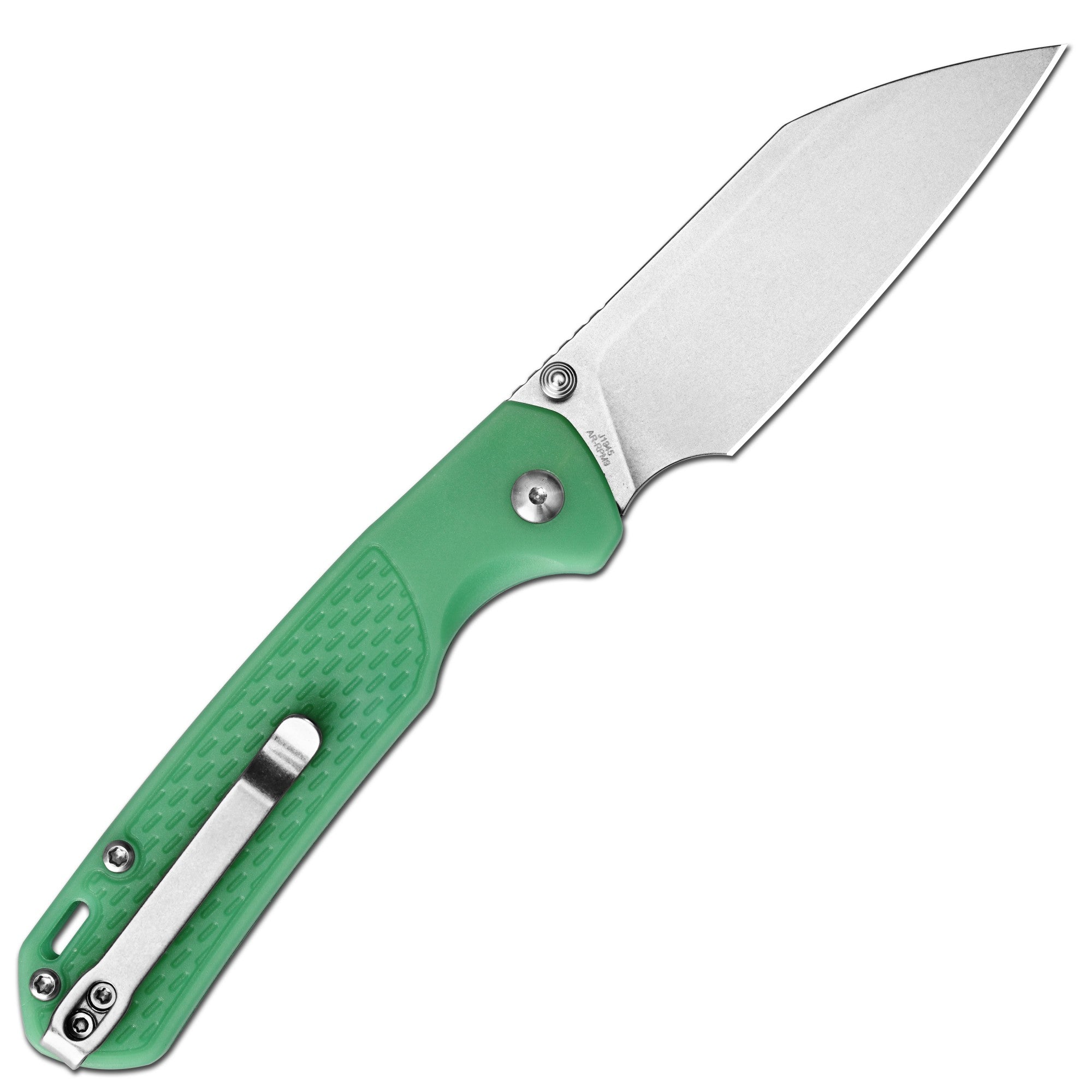CJRB Pyrite-Light Thumb Stud & Button Lock EDC Knife, Thermochromic FRN Handle (Dark Green to Light Green), 3.34'' AR-RPM9 Stonewashed Blade, J1945-DLG
