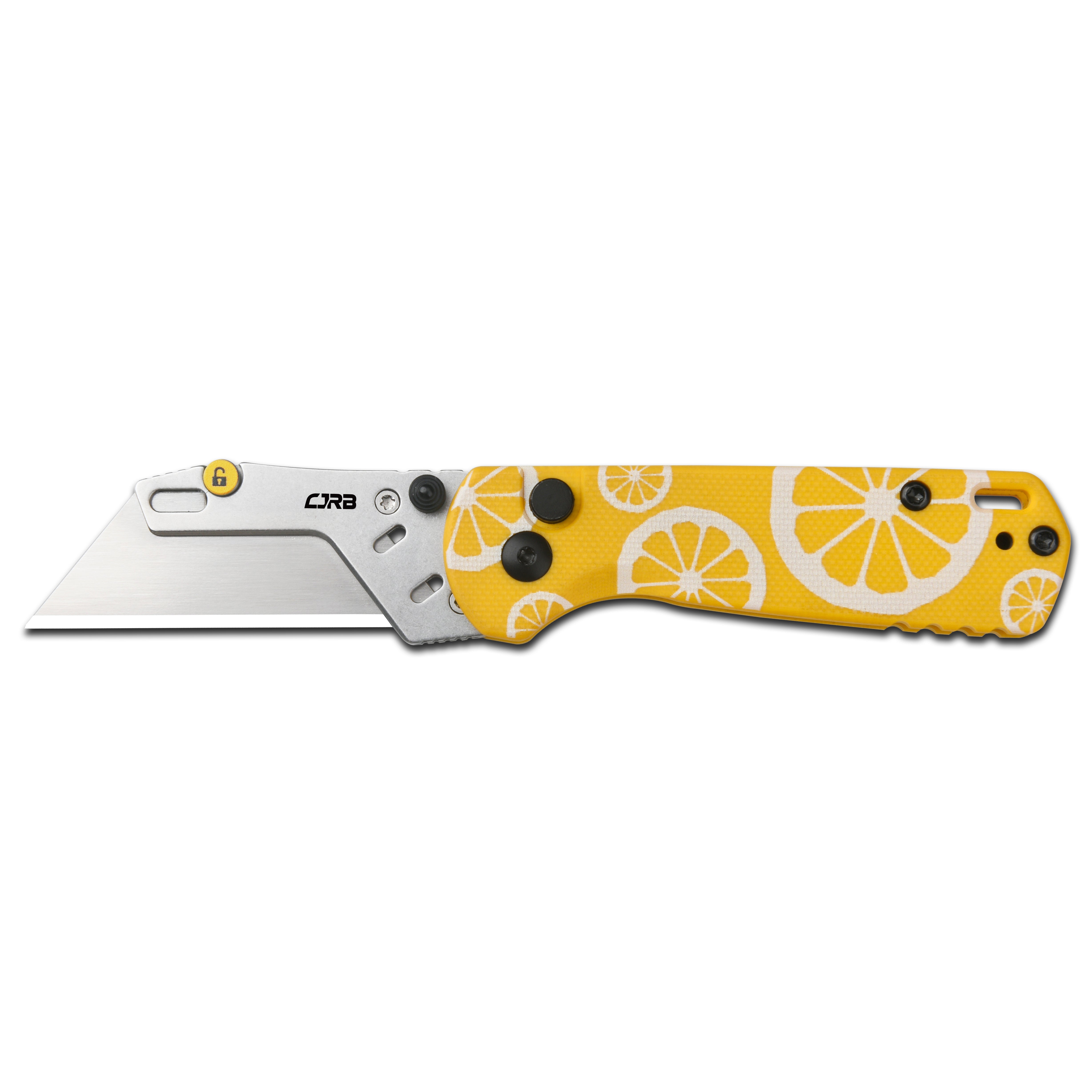 CJRB Boxer Button Lock Folding Utility Knife Yellow Lemon G10 Handle (2.30'' Steel Blade, with 10 Extra Blades) J1967-LM