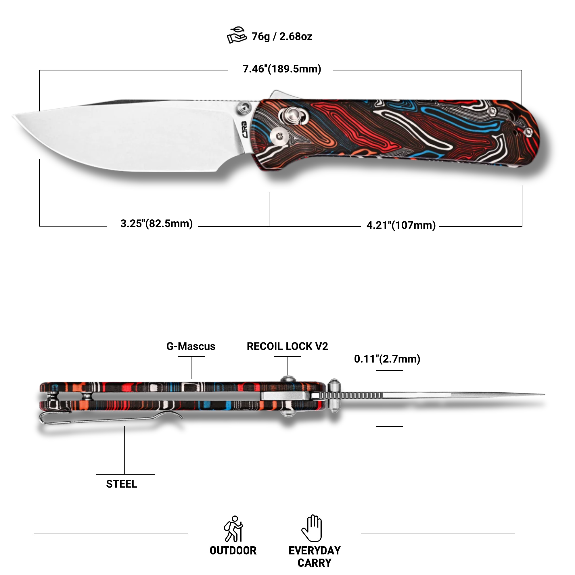 CJRB Bolt Recoil Lock V2 & Thumb Stud G-Mascus Handle (3.25'' Stone Wash AR-RPM9 Blade) J1960-FB (Exclusive)