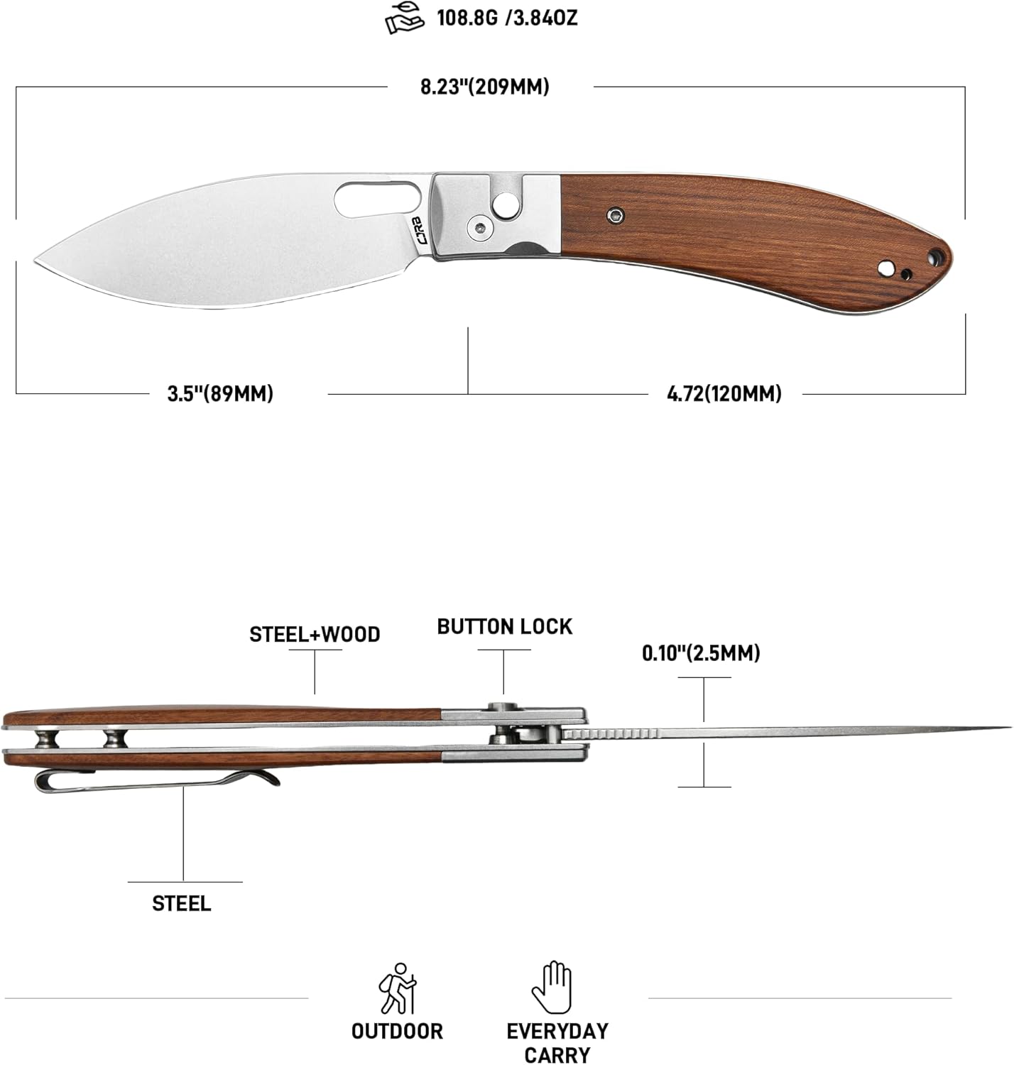 CJRB Sasaya Thumb Hole & Button Lock Folding Knife Wood & Steel Handle (3.5'' Stone Wash AR-RPM9 Steel Blade) J1959-WD
