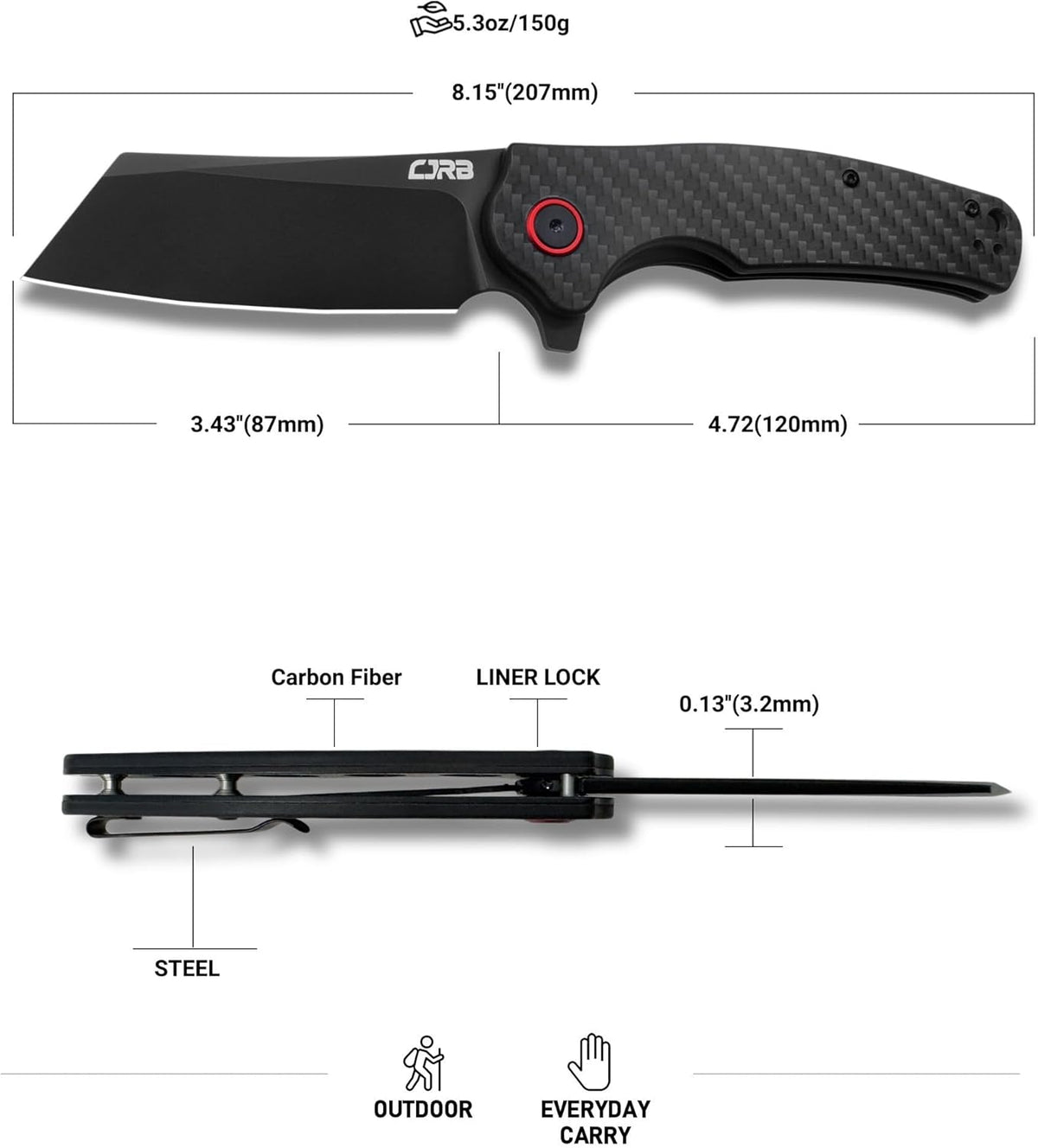 CJRB Crag Flipper & Liner Lock Folding Knife Carbon Fiber Handle (3.43'' AR-RPM9 Steel Black PVD Coating Blade) J1904-CF