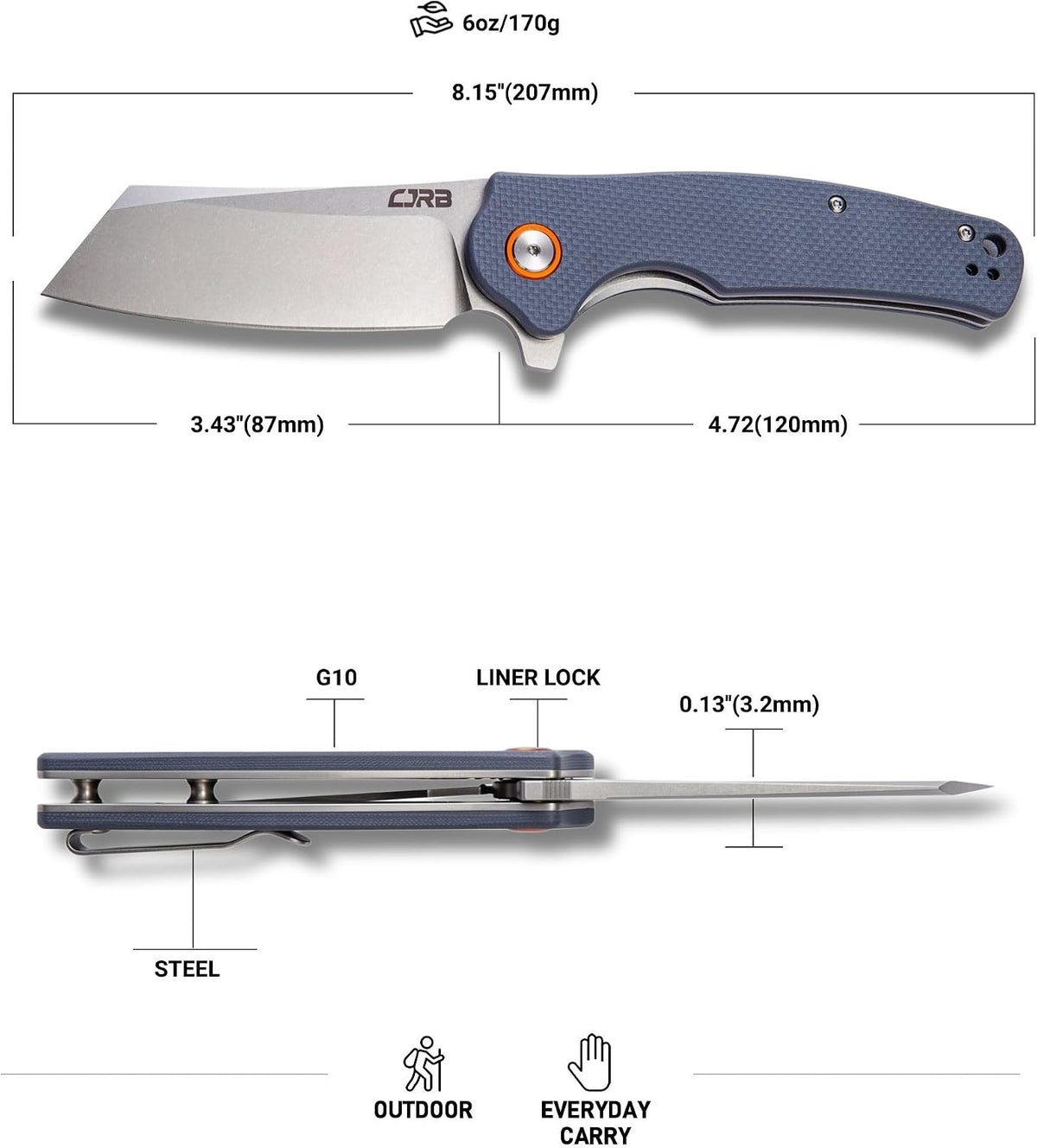 CJRB Crag Flipper & Thumb Stud & Liner Lock Folding Knife Gray G10 Handle (3.43'' Stone Wash AR-RPM9 Steel Blade) J1904-GYF
