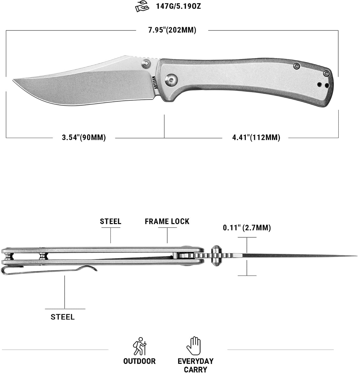Artisan Cutlery Santee Thumb Stud & Frame Lock Folding Knife Steel Handle (3.54'' N690 Steel Stone Wash Blade) 1888P-ST