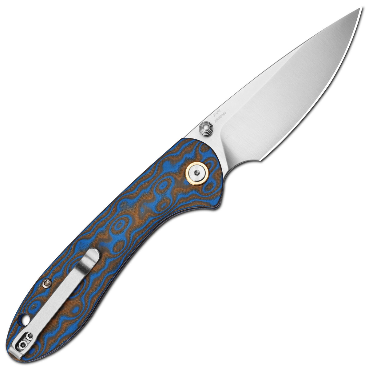 CJRB Feldspar Thumb Stud & Top Liner Lock Folding Knife Blue Brown Micarta with Ripple Pattern Handle (3.53'' Sand Polish AR-RPM9 Steel Blade) J1912X-MBU (Exclusive)
