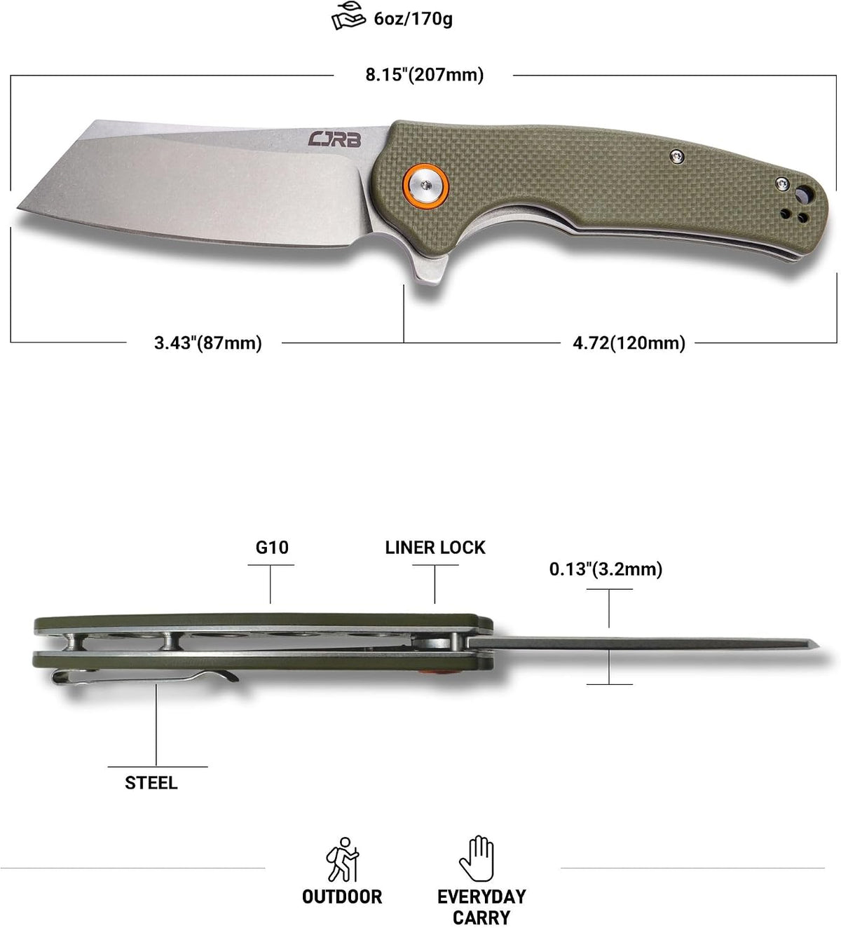 CJRB Crag Flipper & Thumb Stud & Liner Lock Folding Knife Green G10 Handle (3.43'' Stone Wash AR-RPM9 Steel Blade) J1904-GNF