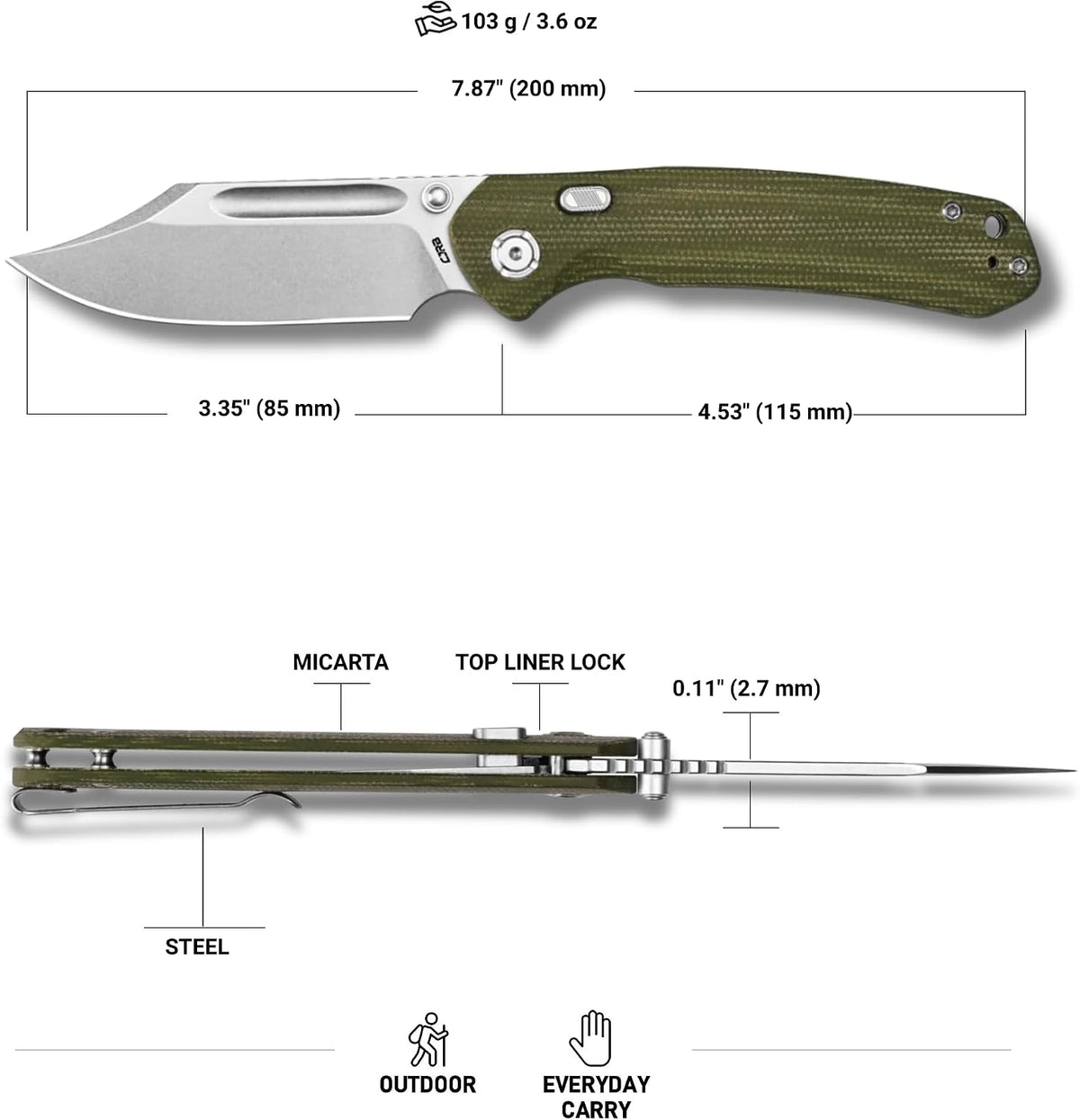 CJRB Bowie Pyrite Thumb Stud & Top Liner Lock Folding Knife Natural Micarta Handle (3.35'' Stone Wash 14C28N Steel Blade) J1942X-NM