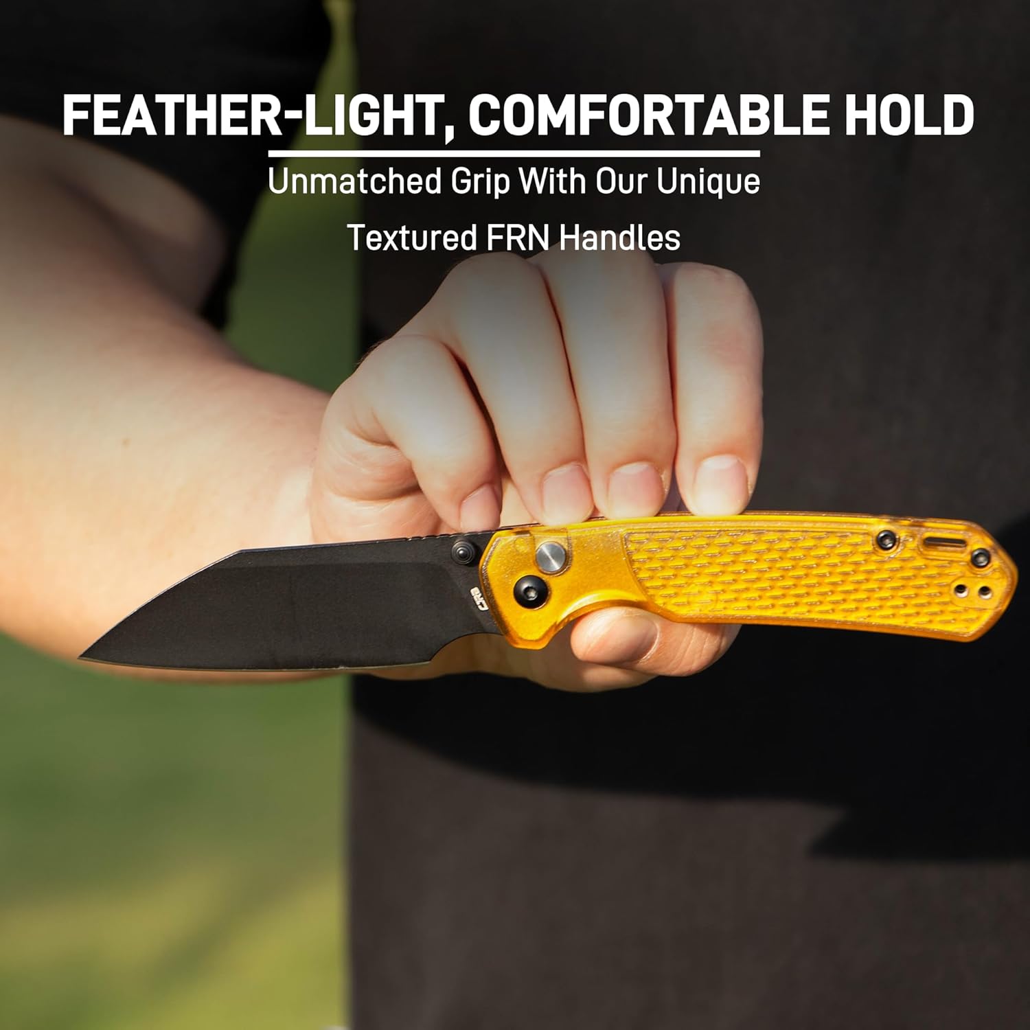CJRB Pyrite-Light J1945 folding knife with amber FRN handle
