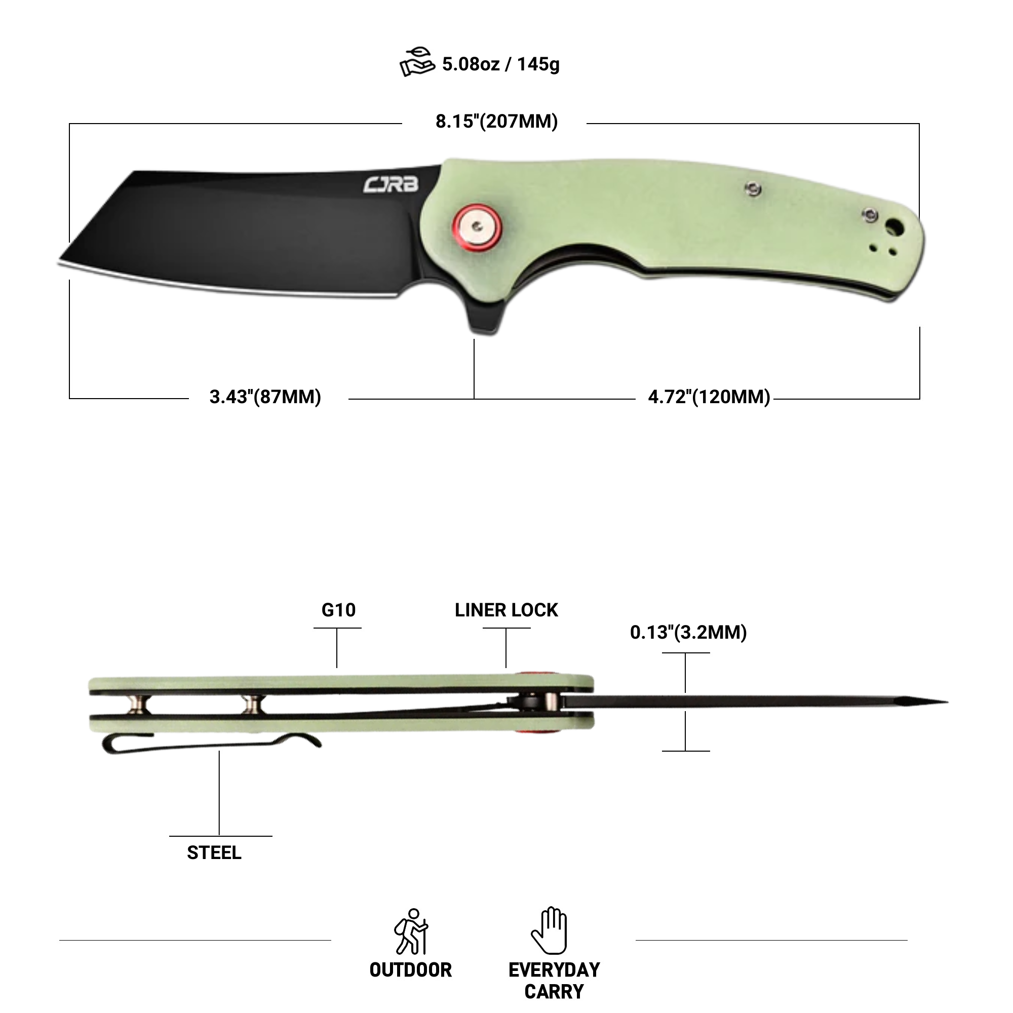 CJRB Crag Liner Lock & Flipper G10(Glow In the Dark) Handle (3.43'' AR-RPM9 Black PVD Coating Blade) J1904-BGD