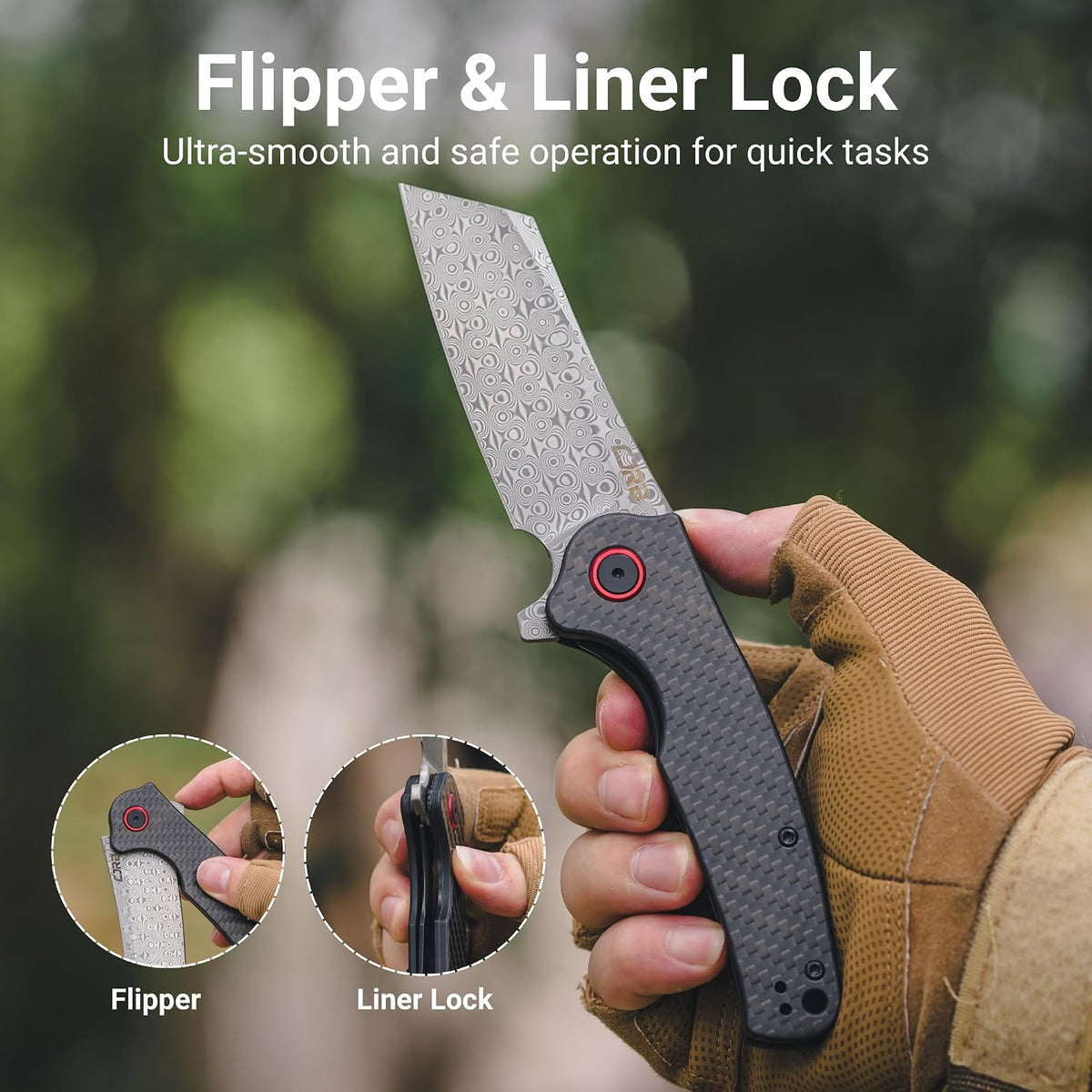 CJRB Crag Flipper & Liner Lock Folding Knife Carbon Fiber Handle (3.43'' Rose Damascus Steel Blade) J1904D-CF