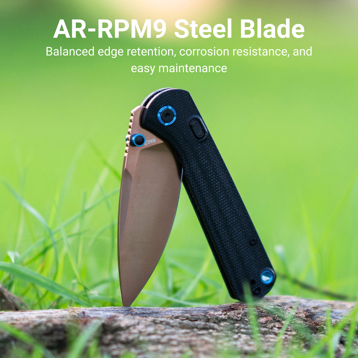 CJRB Latitude Thumb Stud & Top Liner Lock Folding Knife Black Micarta Handle (3.47'' Rose Gold AR-RPM9 Steel Blade) J1975-RBK (Exclusive)