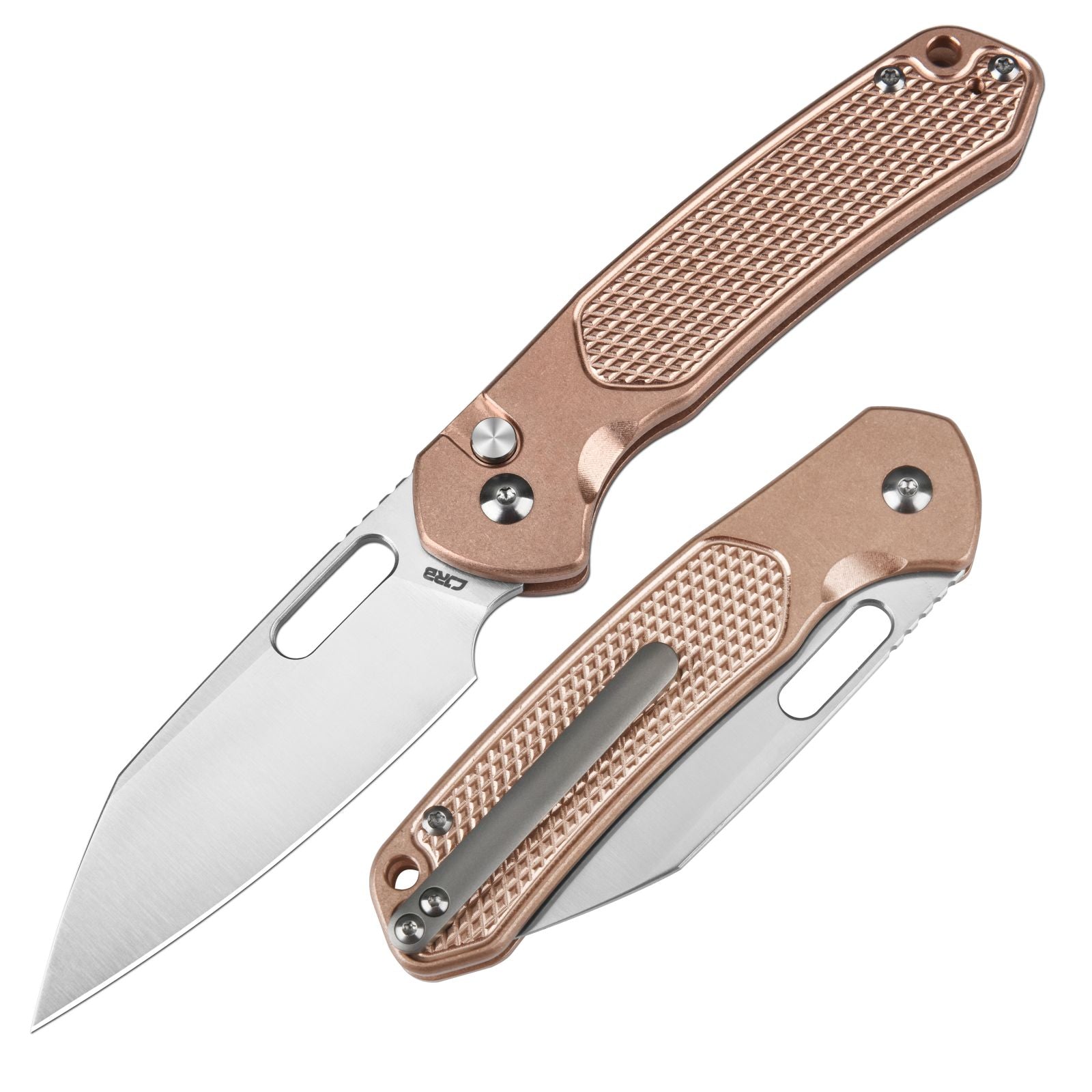 CJRB Pyrite Alt Wharncliffe J1925A folding knife with copper handle
